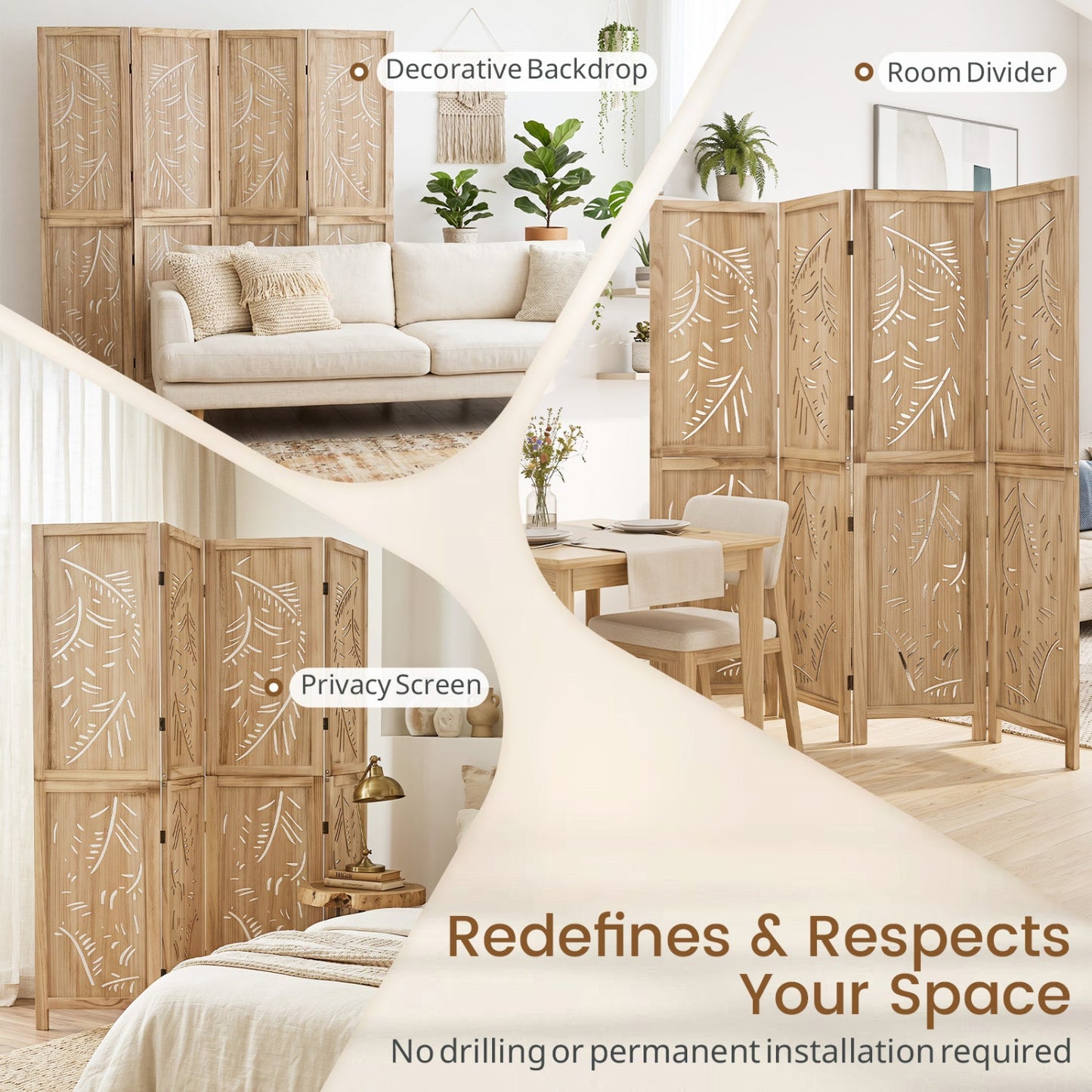 4-panel wooden room divider with palm leaf design, 67-inch tall, natural wood finish DirectDeals on Tampa Home & Garden Store