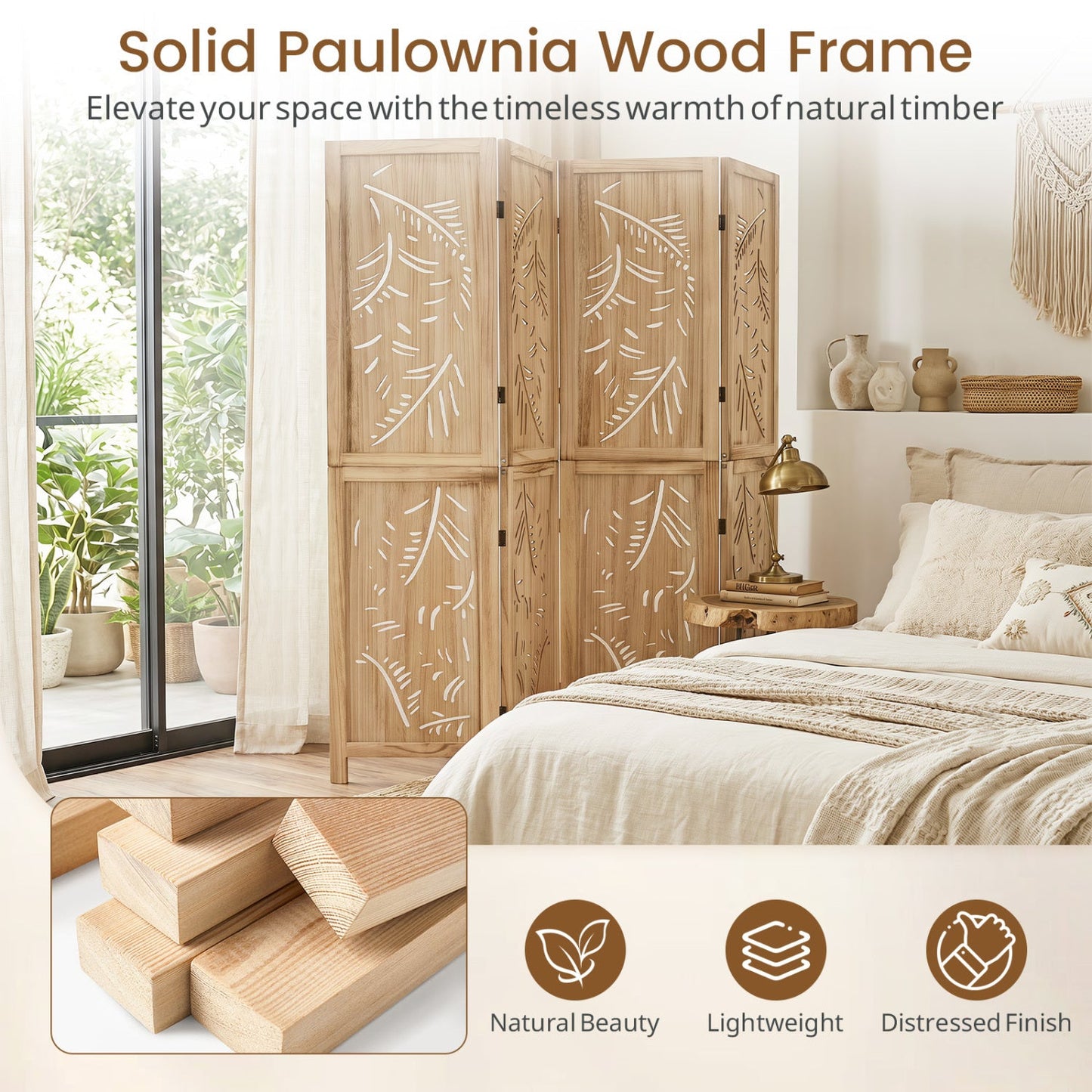 4-panel wooden room divider with palm leaf cutouts in natural finish, 67 in tall DirectDeals on Tampa Home & Garden Store