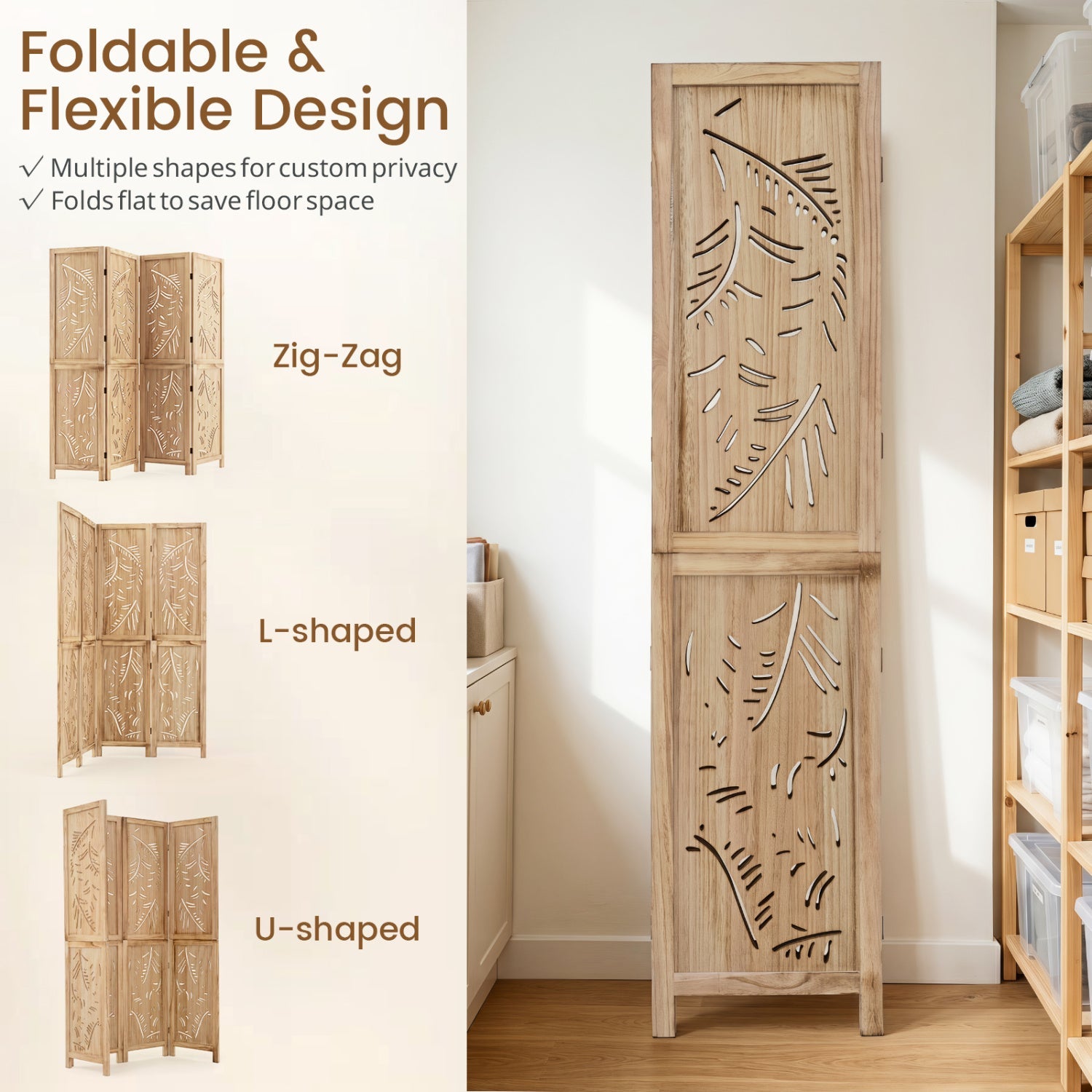 4-panel wooden room divider with palm leaf cutouts, 67in tall, foldable screen in natural wood on Tampa Home & Garden Store