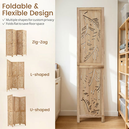 4-panel wooden room divider with palm leaf cutouts, 67in tall, foldable screen in natural wood on Tampa Home & Garden Store
