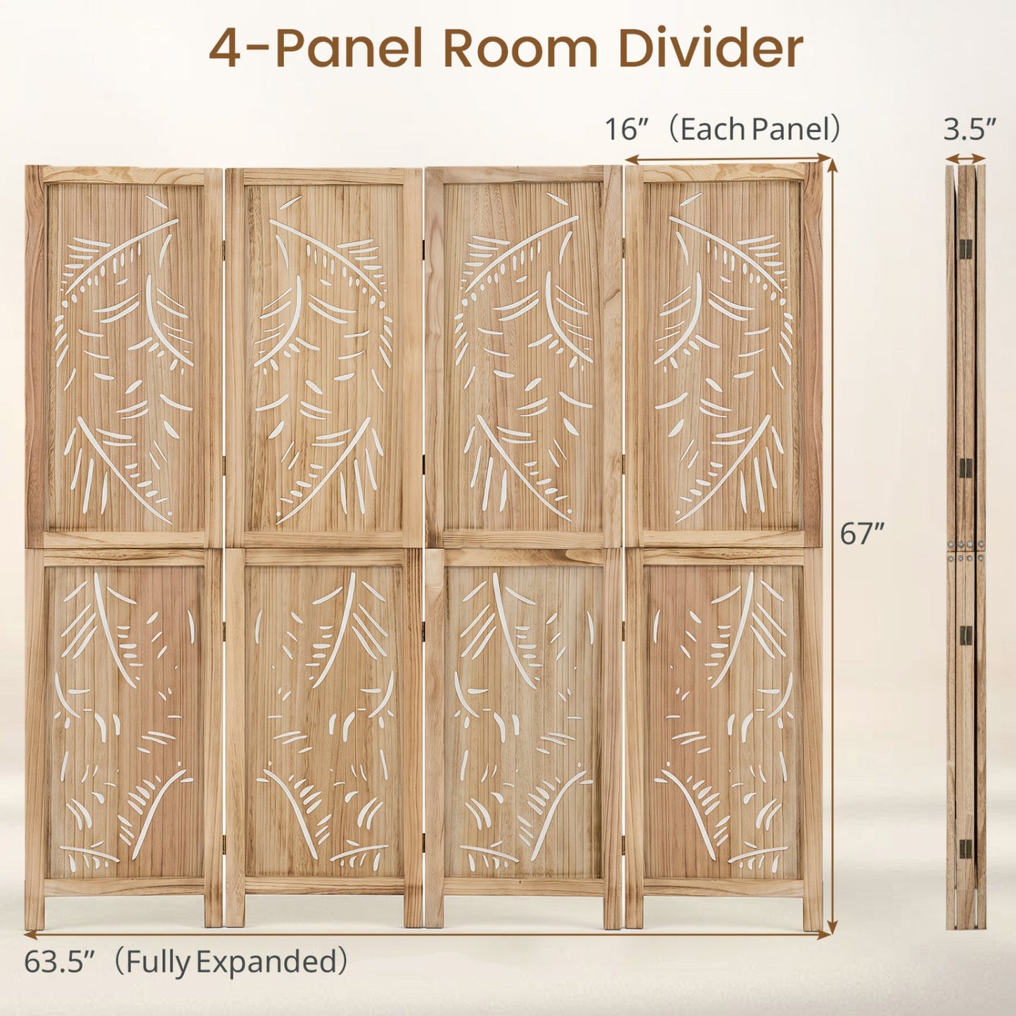 4-panel wooden room divider with palm leaf cutouts, natural finish, 67 inches tall DirectDeals on Tampa Home & Garden Store