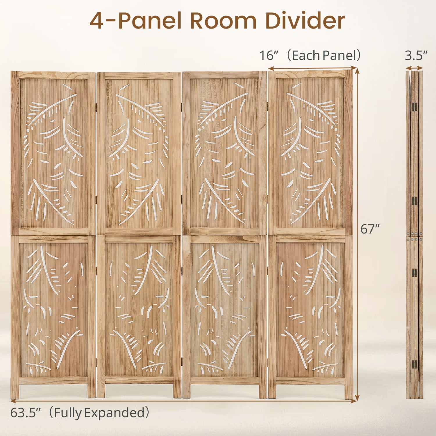 4-panel wooden room divider with palm leaf cutouts, natural finish, 67 inches tall DirectDeals on Tampa Home & Garden Store