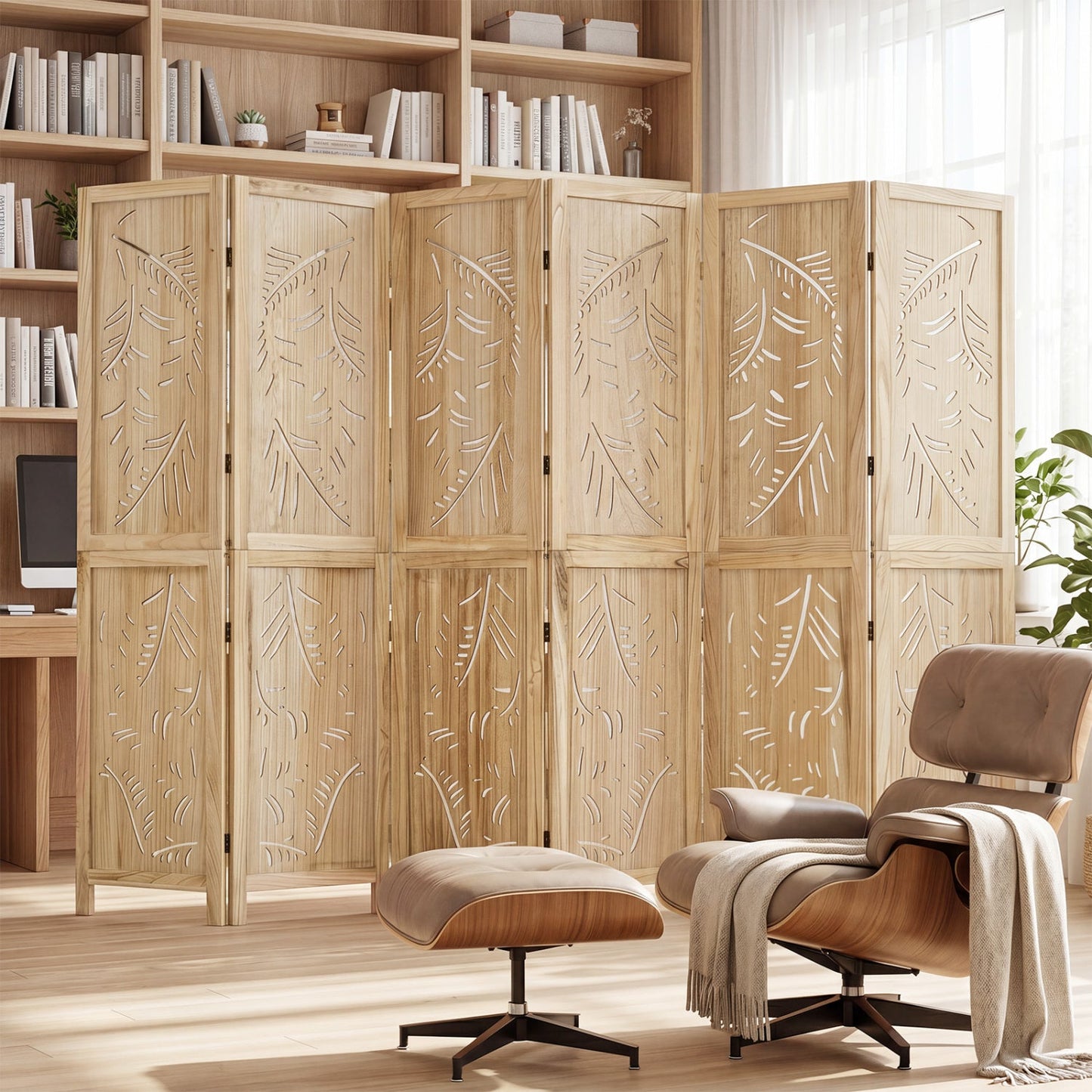 6-panel room divider with palm leaf cutouts in natural wood by DirectDeals, 67 tall on Tampa Home & Garden Store
