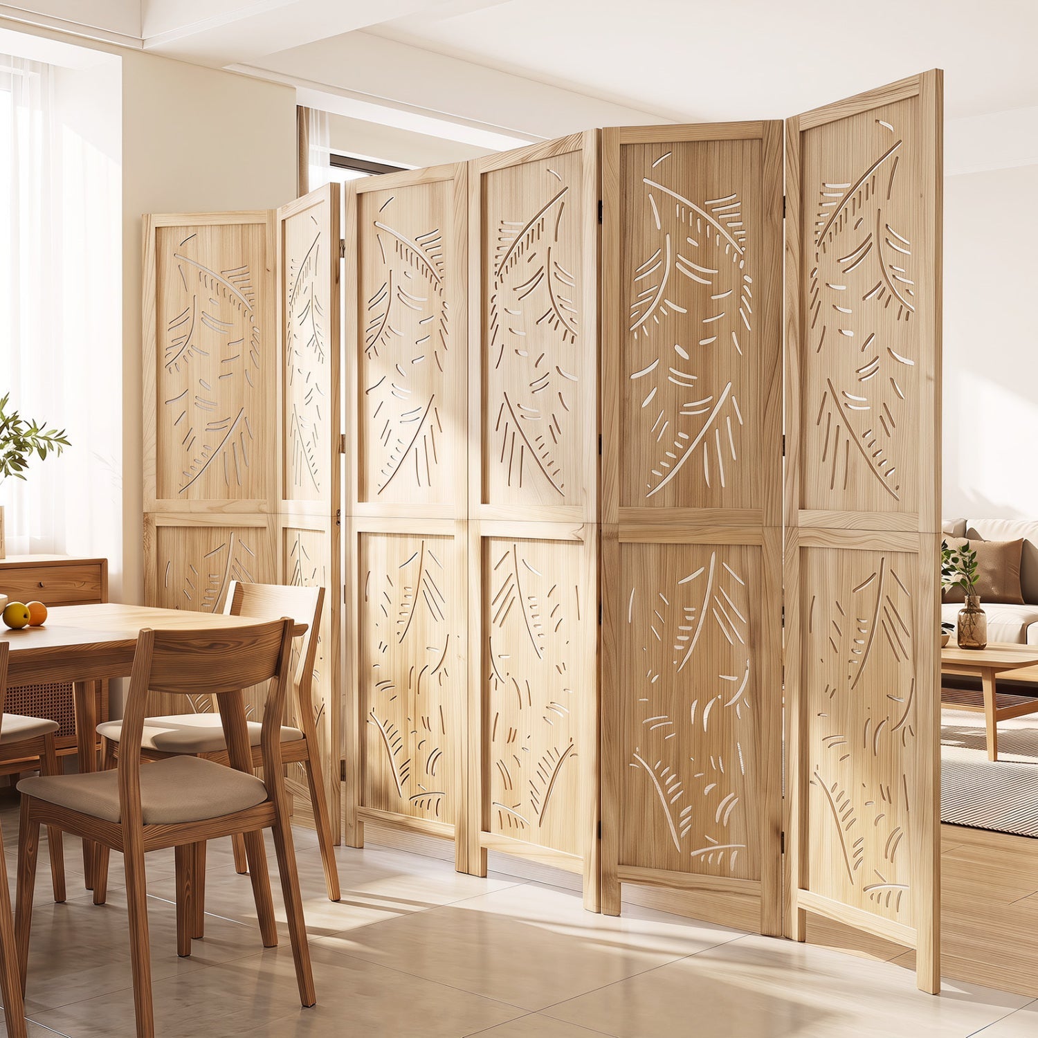 6-Panel Room Divider with Palm Leaf Design, natural wood finish, DirectDeals, 67 inches tall on Tampa Home & Garden Store