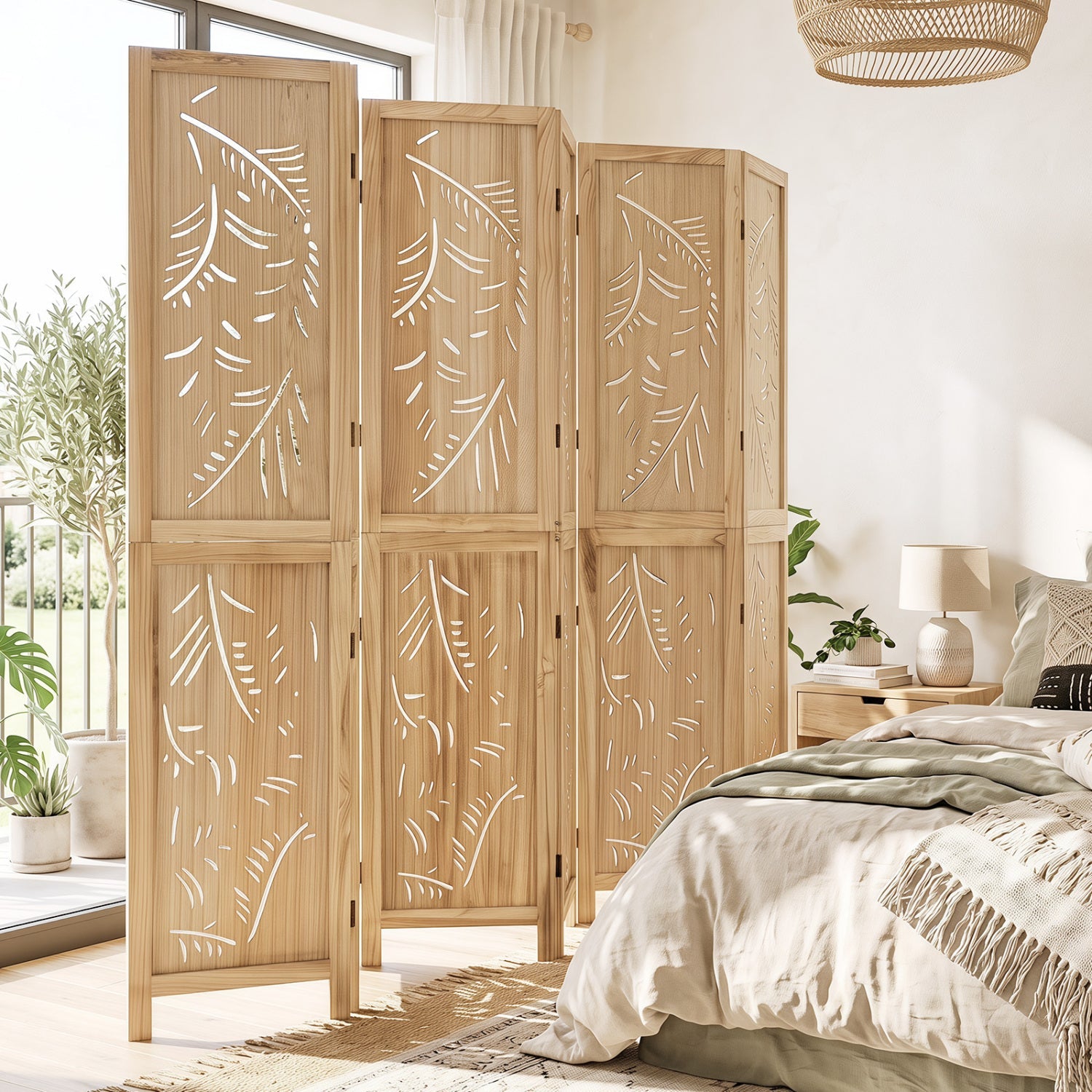 Room divider 6-panel palm leaf design in natural wood, DirectDeals, 67 in tall on Tampa Home & Garden Store
