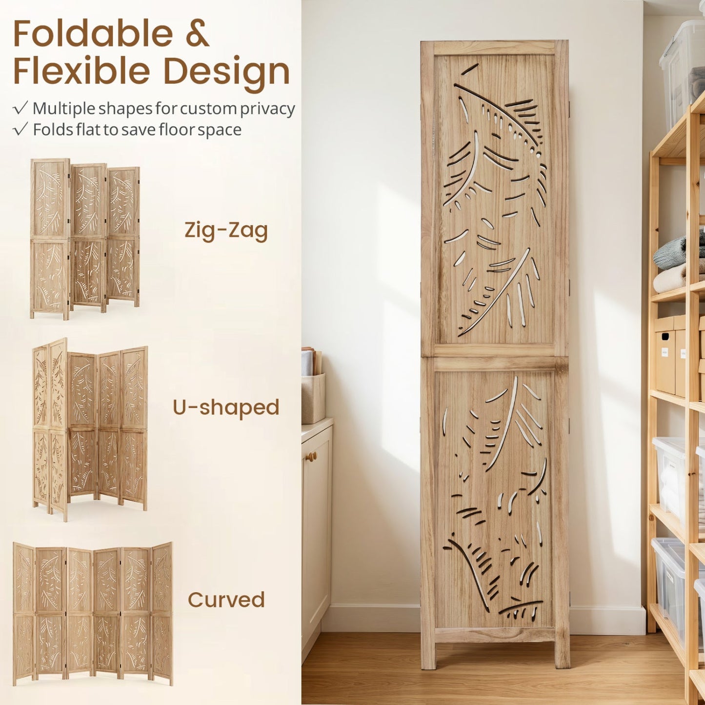 6-Panel Palm Leaf Room Divider by DirectDeals, natural wood panels, 67 inches tall on Tampa Home & Garden Store