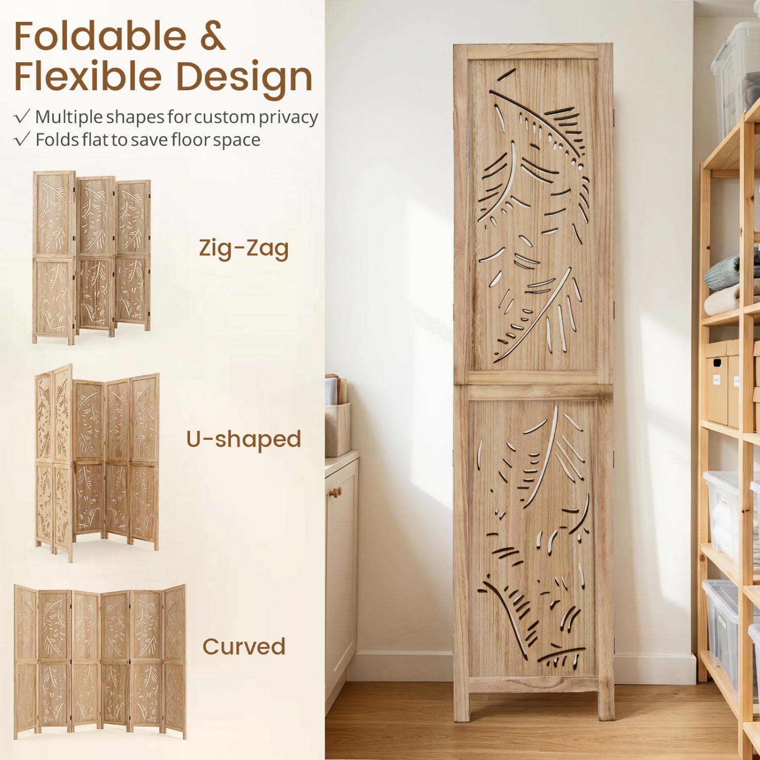 6-Panel Palm Leaf Room Divider by DirectDeals, natural wood panels, 67 inches tall on Tampa Home & Garden Store