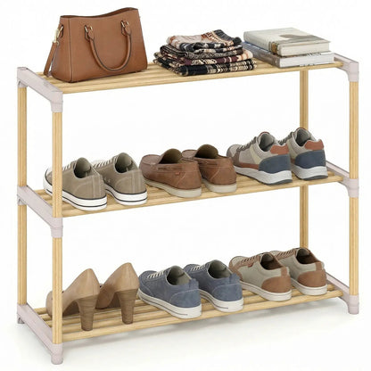 3-Tier Solid Wood Shoe Rack With Slatted Shelves