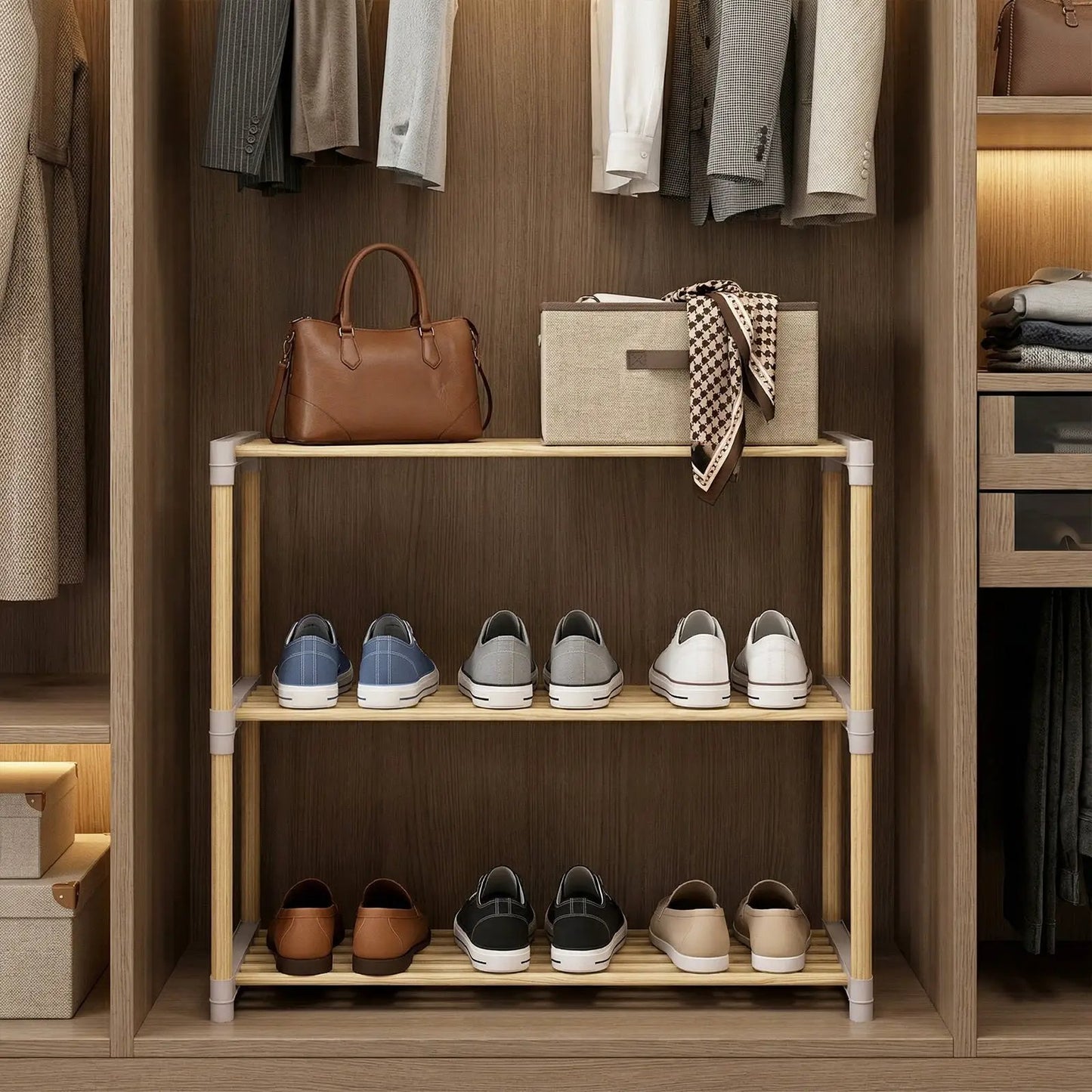 3-Tier Solid Wood Shoe Rack With Slatted Shelves