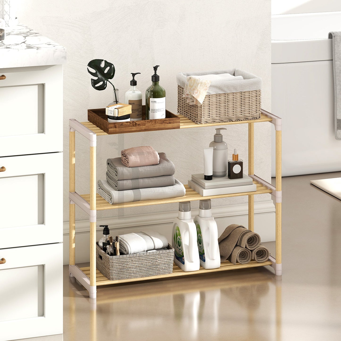 3-Tier Solid Wood Shoe Rack With Slatted Shelves