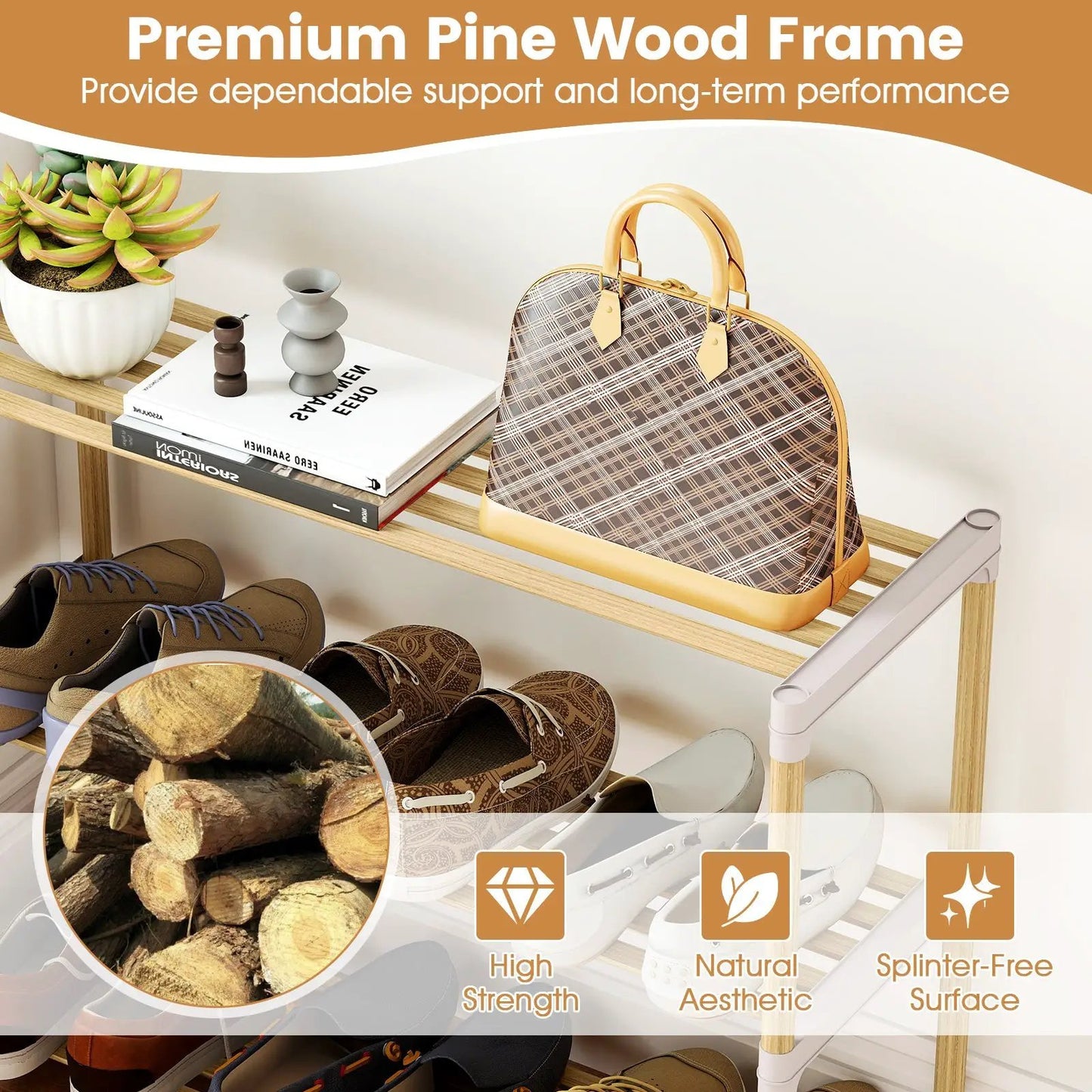 3-Tier Solid Wood Shoe Rack With Slatted Shelves