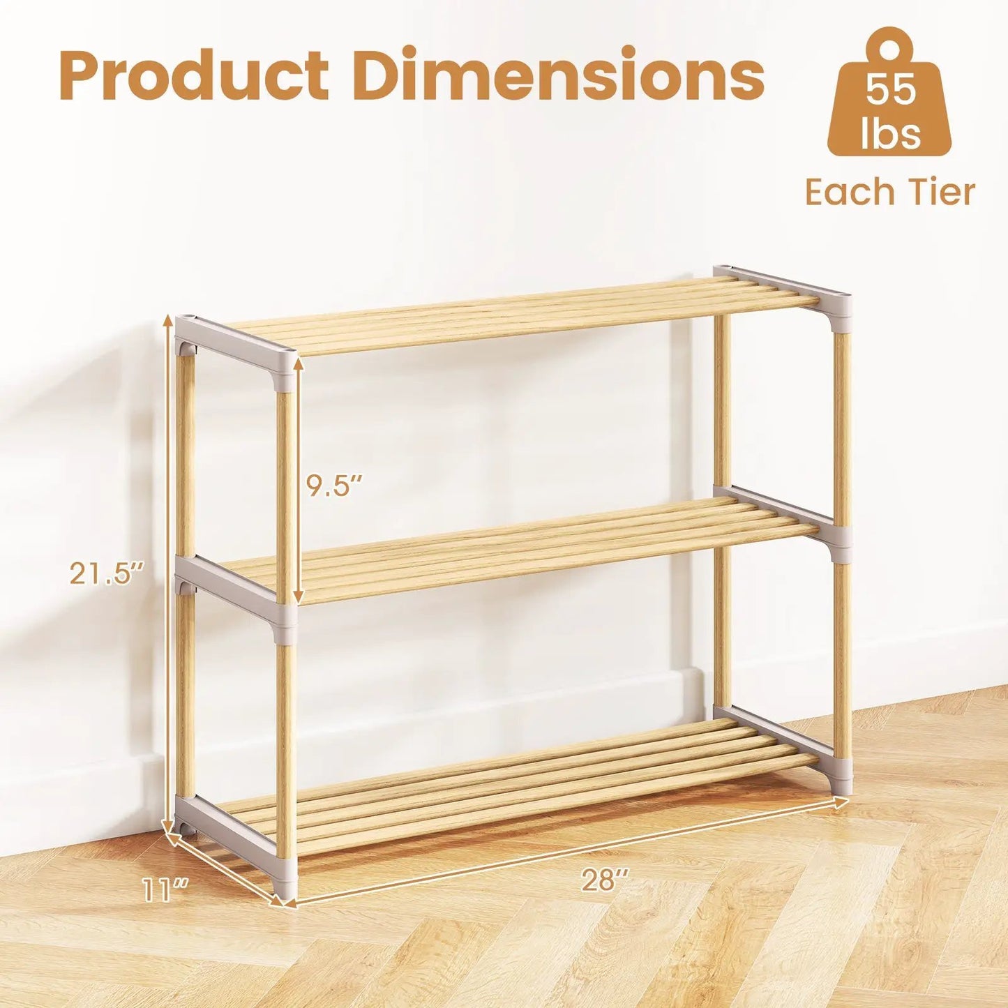 3-Tier Solid Wood Shoe Rack With Slatted Shelves