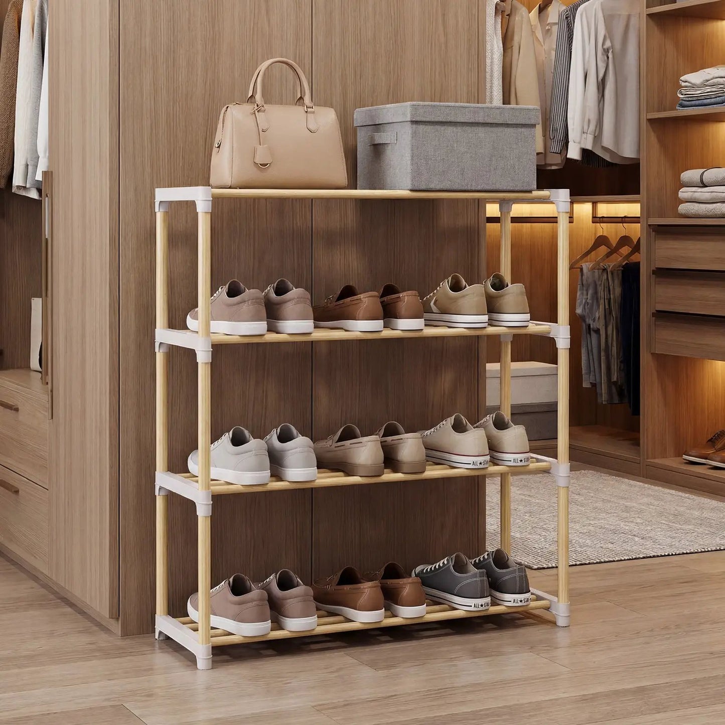 3-Tier Solid Wood Shoe Rack With Slatted Shelves