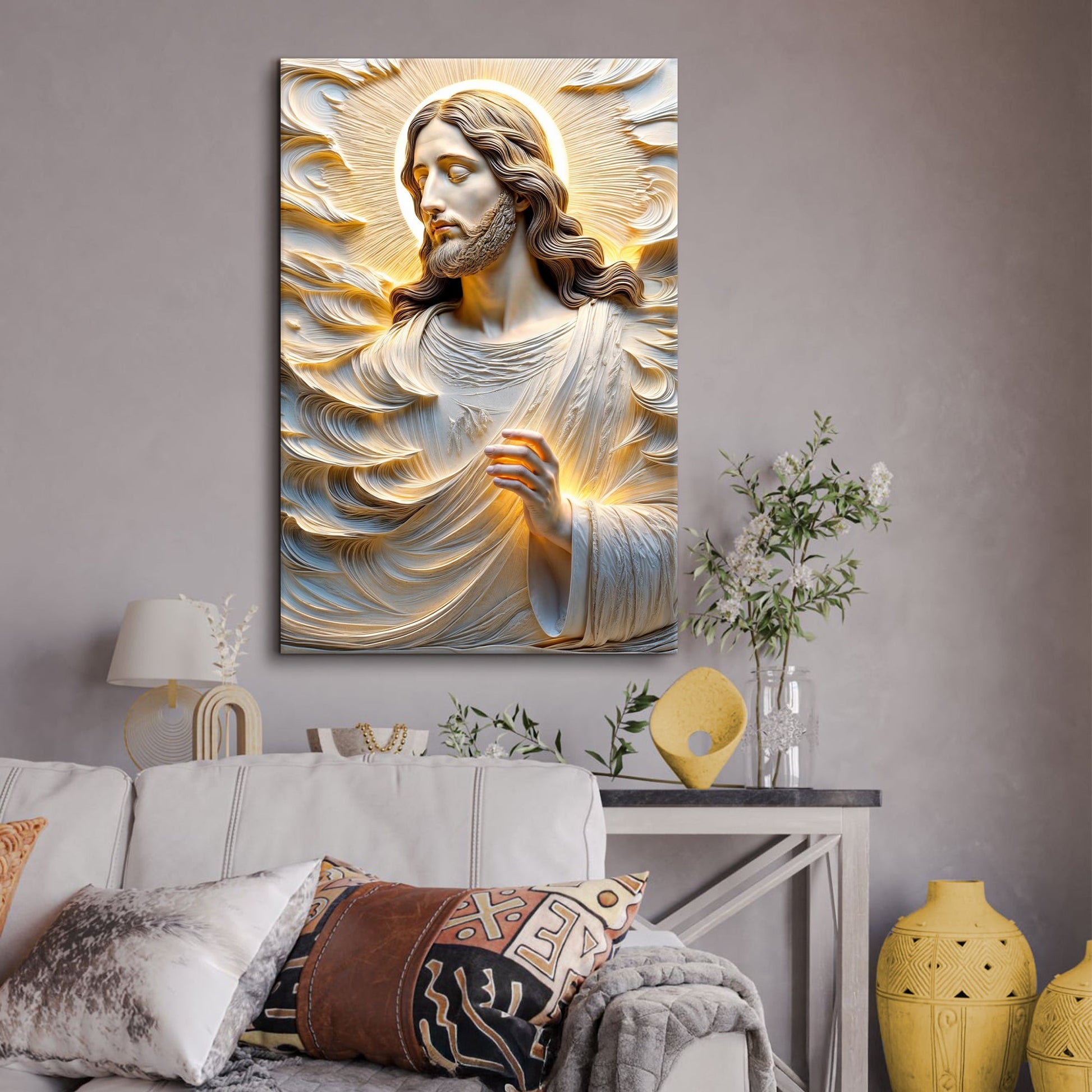 Faith Over Fear Sacred Serenity Faith Wall Art canvas by Tailored Canvases with halo and robes on Tampa Home & Garden Store