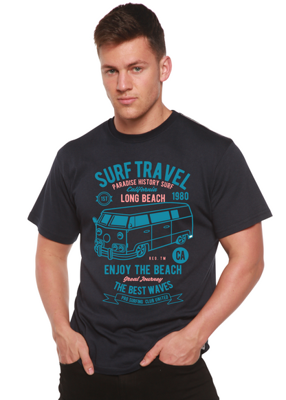 Surf Travel Spun Bamboo men's short sleeve graphic T-shirt in navy with teal van print on Tampa Home & Garden Store
