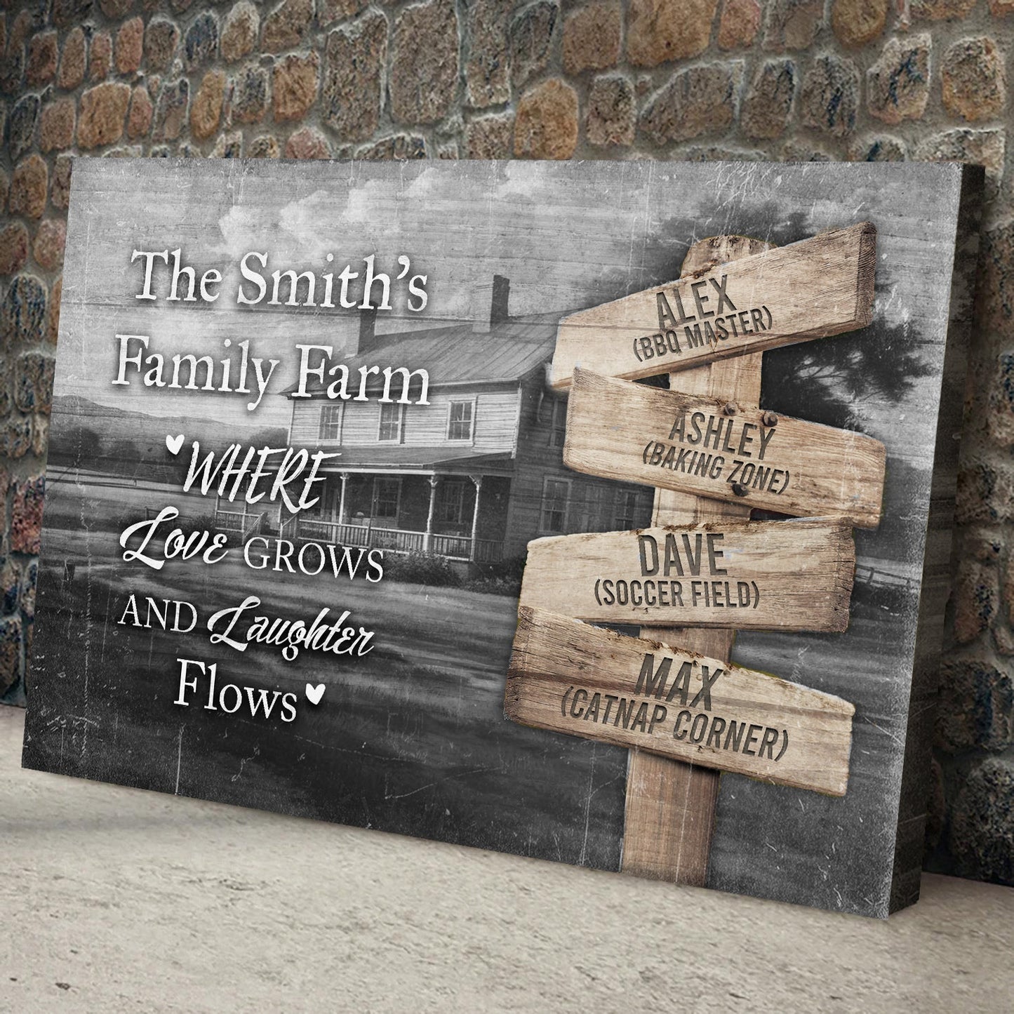 Canvas sign The Smith's Family Farm with four wooden name planks ALEX ASHLEY DAVE MAX on Tampa Home & Garden Store