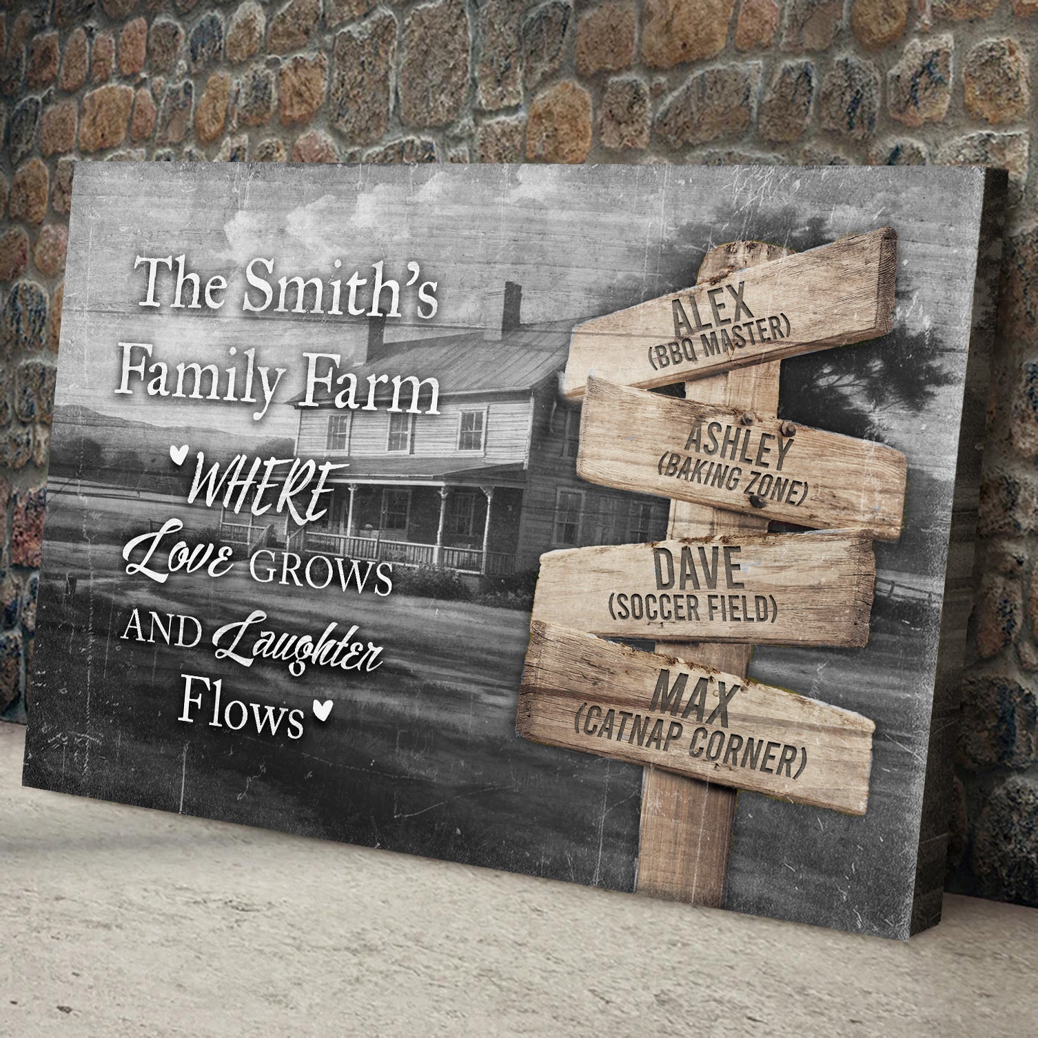Canvas sign The Smith's Family Farm with four wooden name planks ALEX ASHLEY DAVE MAX on Tampa Home & Garden Store