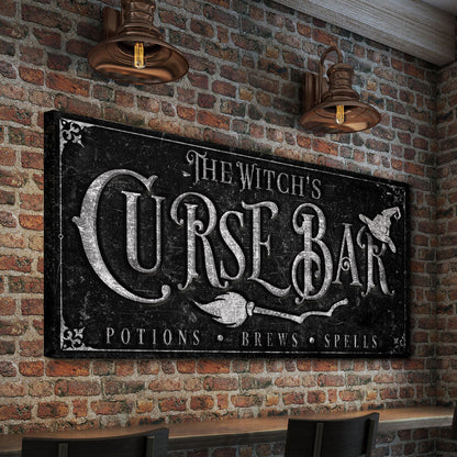 The Witch's Curse Bar Halloween canvas sign with chalkboard lettering on a rustic brick wall on Tampa Home & Garden Store