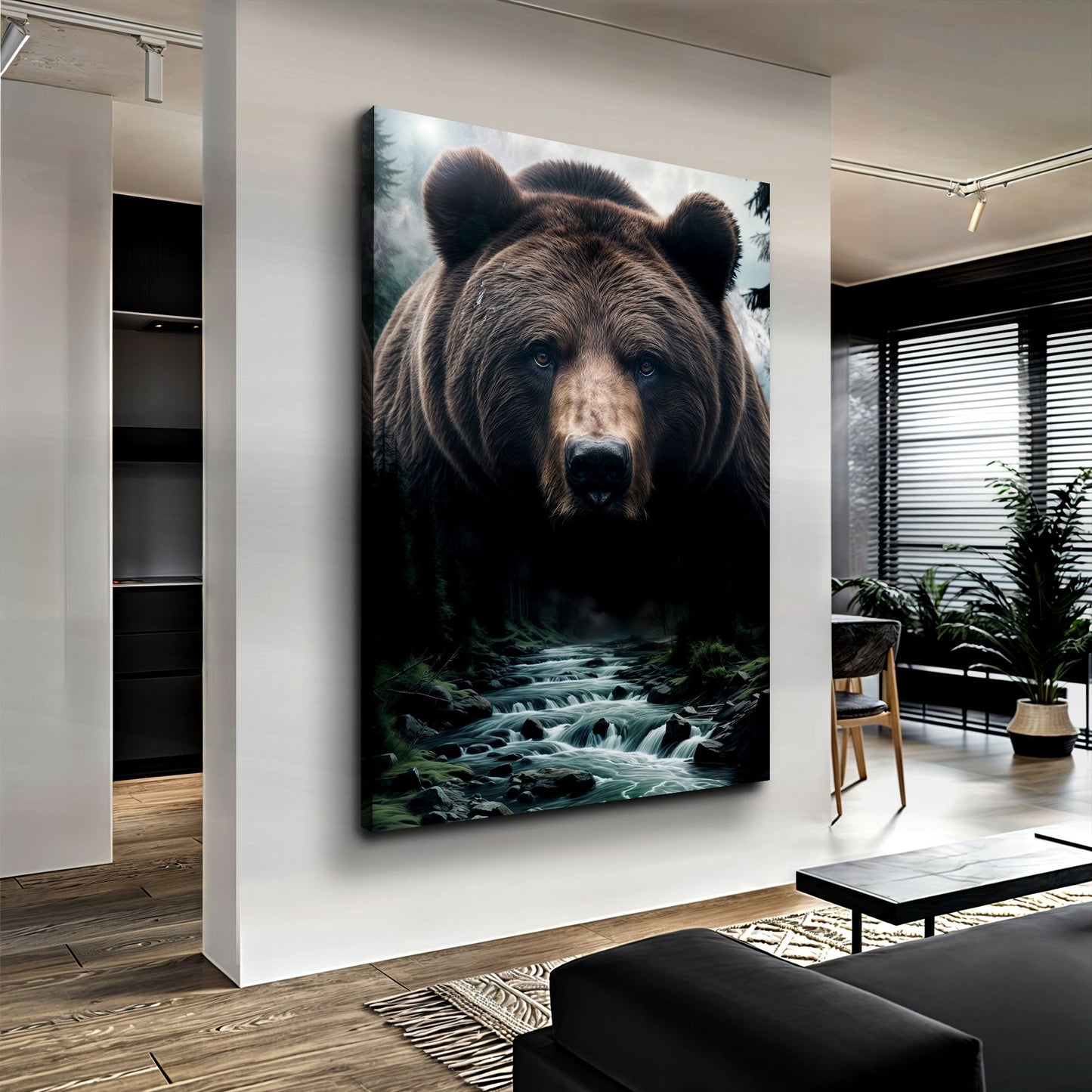 Grizzly Bear Double Exposure Canvas by Tailored Canvases featuring a close-up bear head with forest river scene on Tampa Home & Garden Store