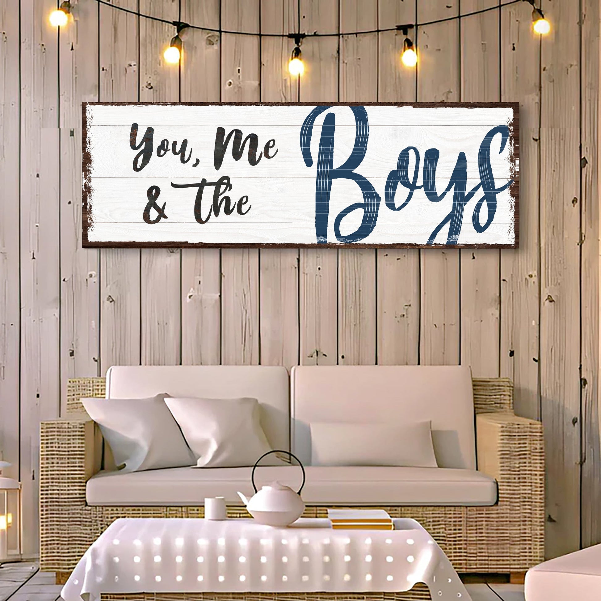You, Me And The Boys Sign VII canvas wall art with white planks and blue lettering on Tampa Home & Garden Store