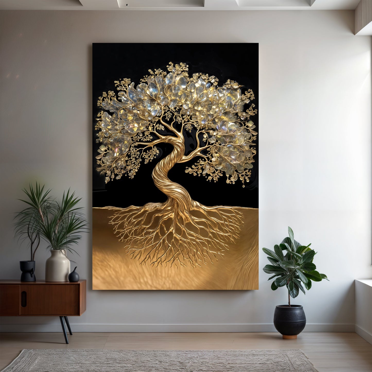 3D Minimalist Tree of Life Canvas by Tailored Canvases with gold branches on black background on Tampa Home & Garden Store