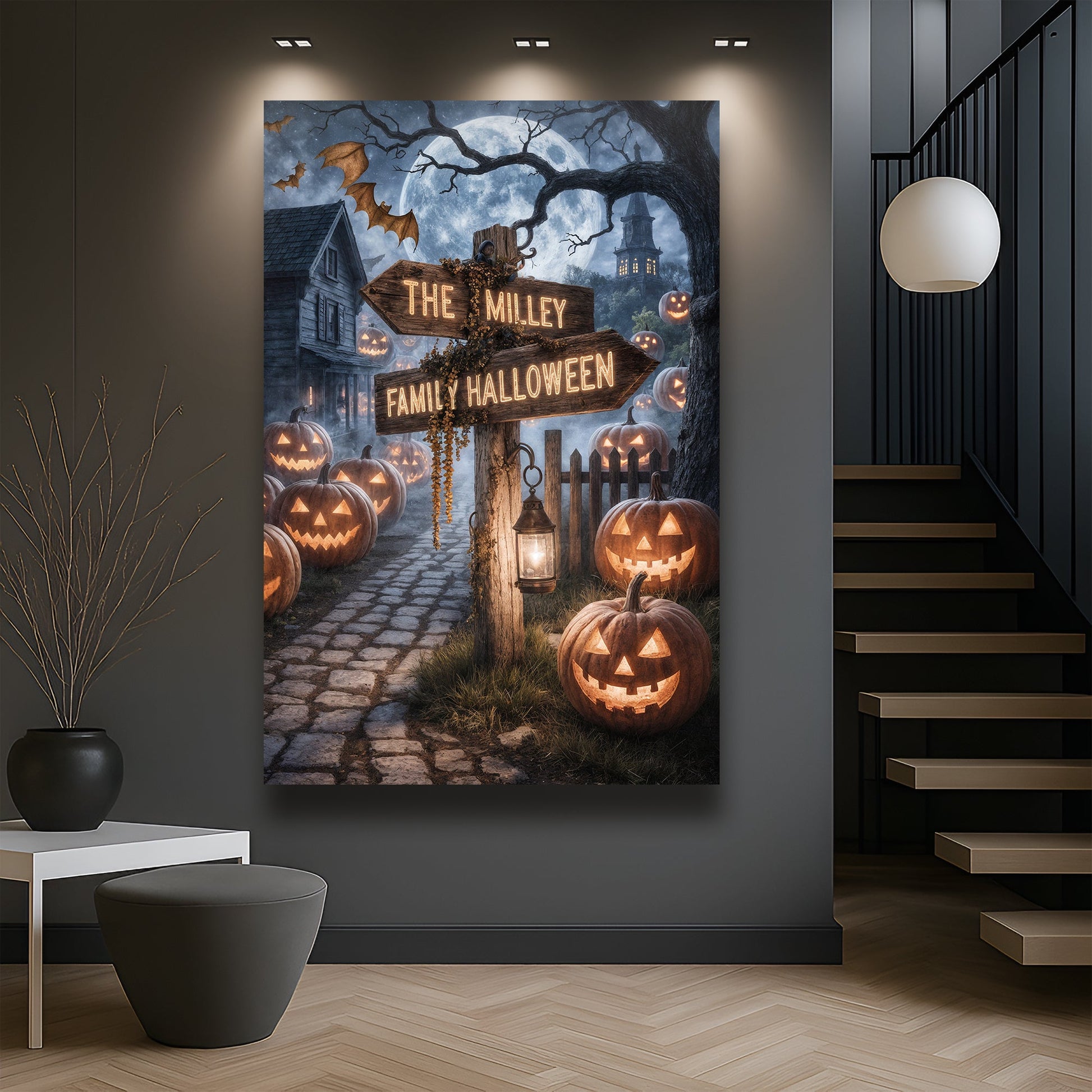Personalized family Halloween street sign canvas with glowing wooden arrow and pumpkins on Tampa Home & Garden Store