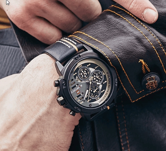 Men's Stevvex sports waterproof chronograph watch with black case, leather strap and subdials on Tampa Home & Garden Store