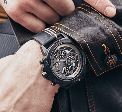 Men's Stevvex sports waterproof chronograph watch with black case, leather strap and subdials on Tampa Home & Garden Store