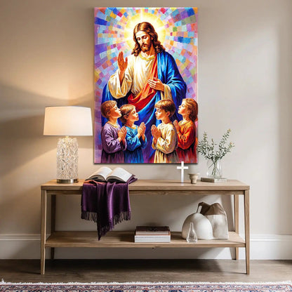 Jesus Praying With Kids Faith Wall Art canvas with Jesus blessing four children, colorful halo on Tampa Home & Garden Store
