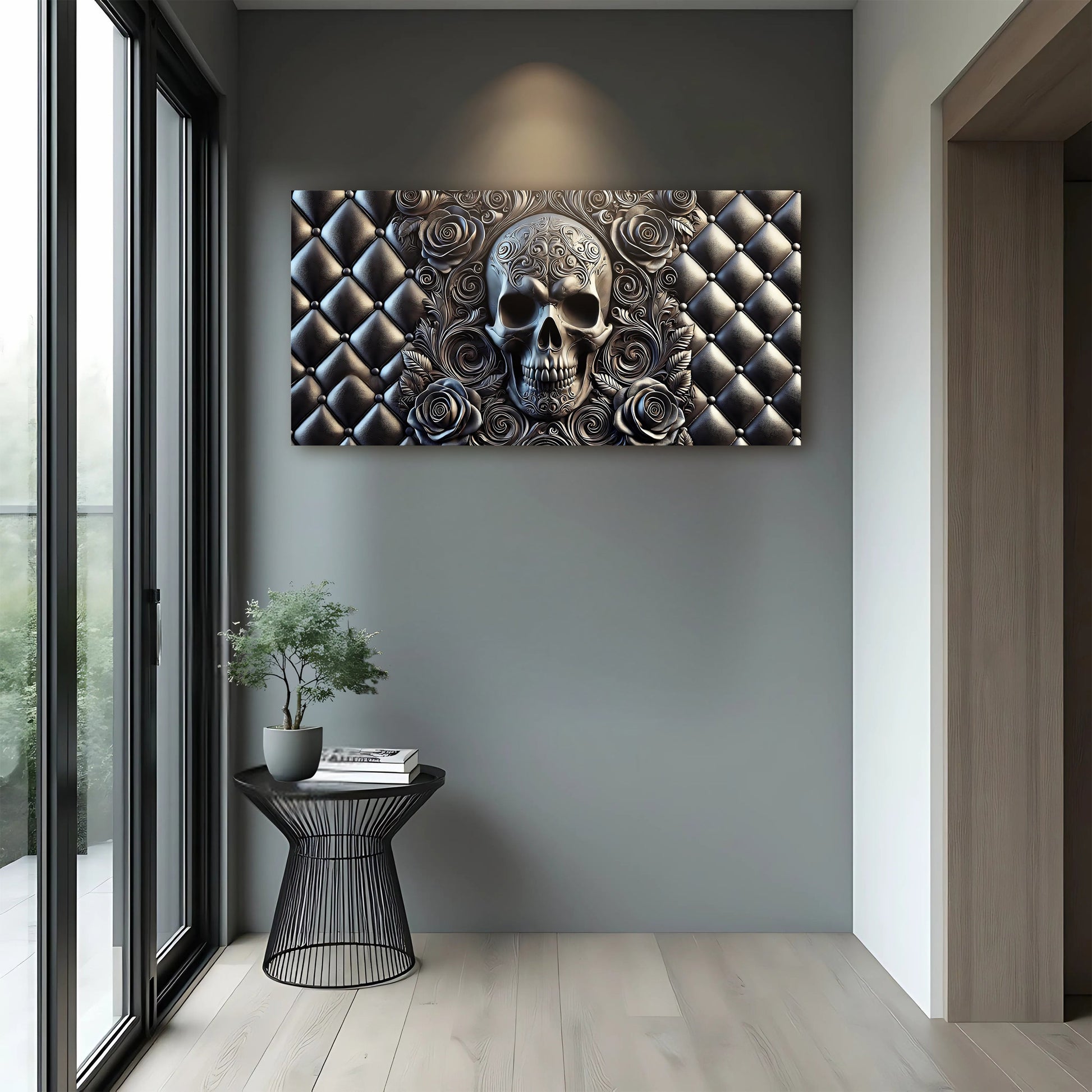3D Rose And Skull Wall Art IV canvas with skull and roses on a quilted metallic backdrop on Tampa Home & Garden Store