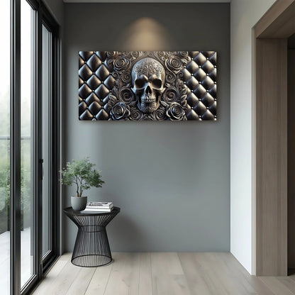 3D Rose And Skull Wall Art IV canvas with skull and roses on a quilted metallic backdrop on Tampa Home & Garden Store