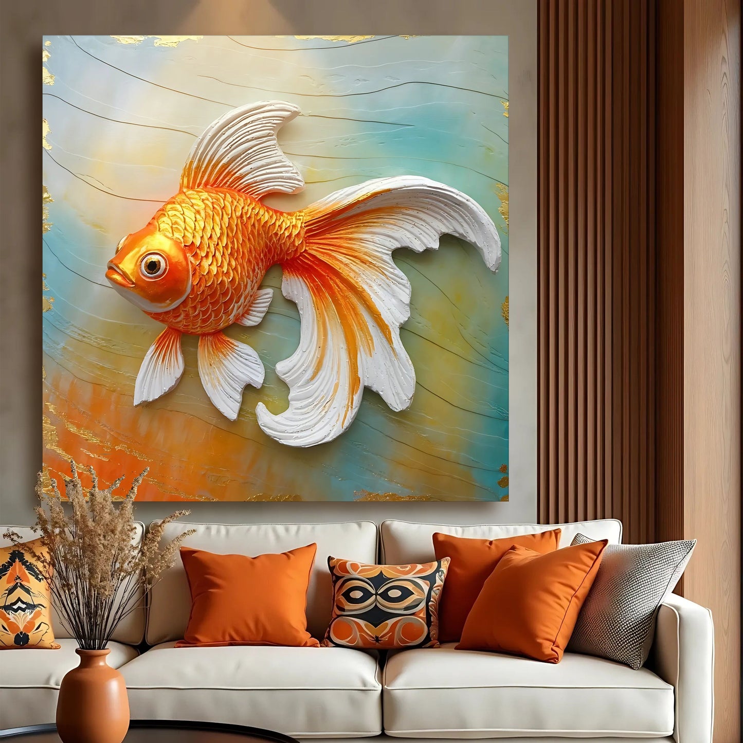 3D Goldfish Wall Art canvas by Tailored Canvases; orange fish relief on blue-green backdrop on Tampa Home & Garden Store