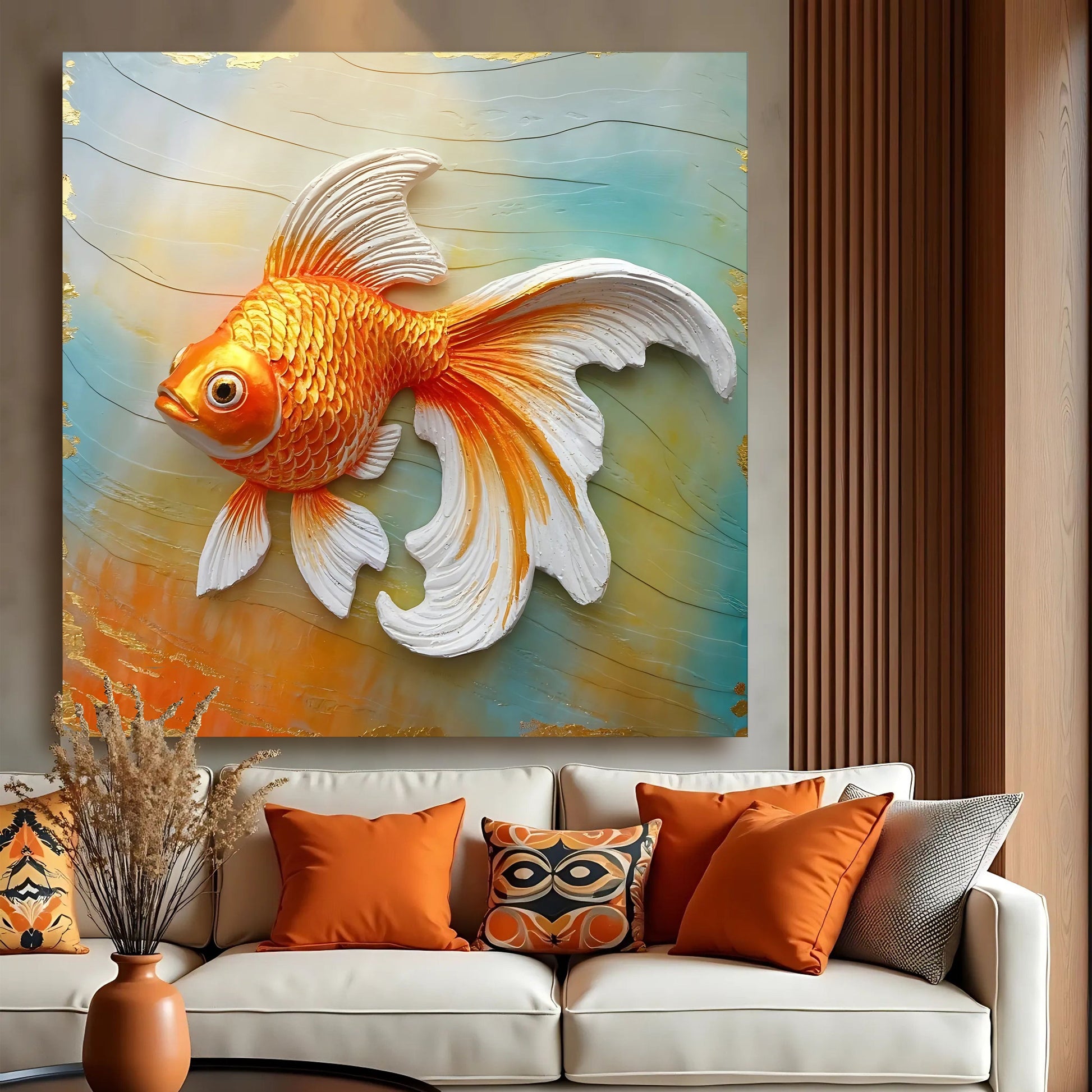3D Goldfish Wall Art canvas by Tailored Canvases; orange fish relief on blue-green backdrop on Tampa Home & Garden Store