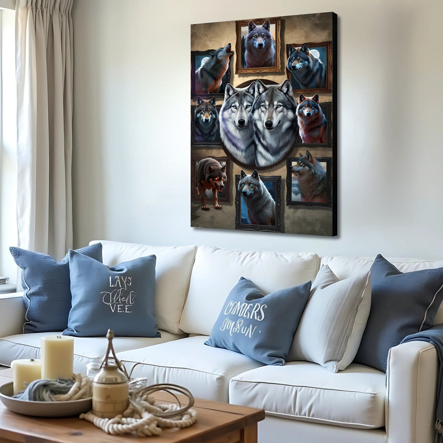 3D Wolf Collage Canvas by Tailored Canvases; multi-frame wolf artwork with dark ornate frames on Tampa Home & Garden Store