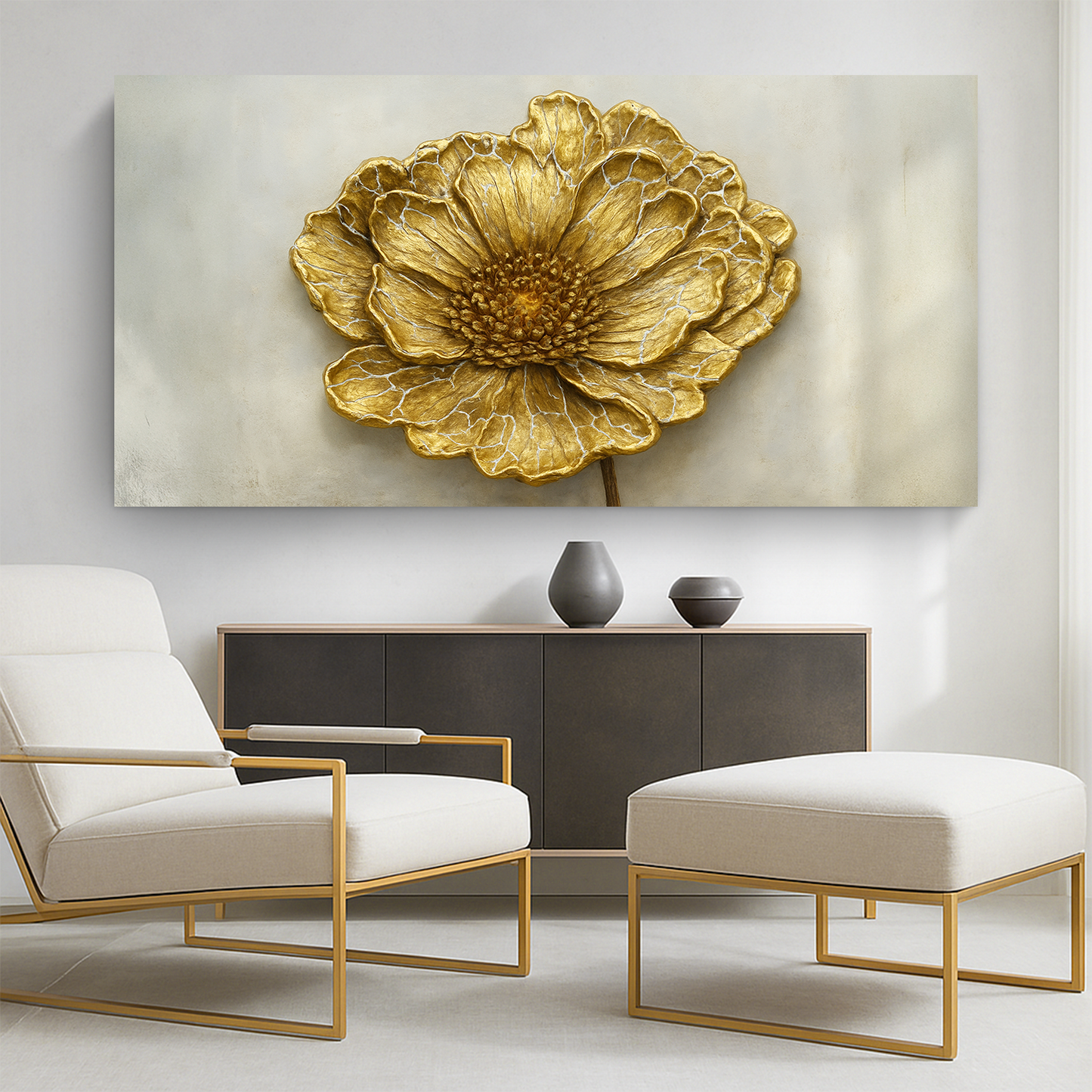 Canvas wall art Golden Dandelion Minimalist Abstract by Tailored Canvases, gold flower on neutral background on Tampa Home & Garden Store
