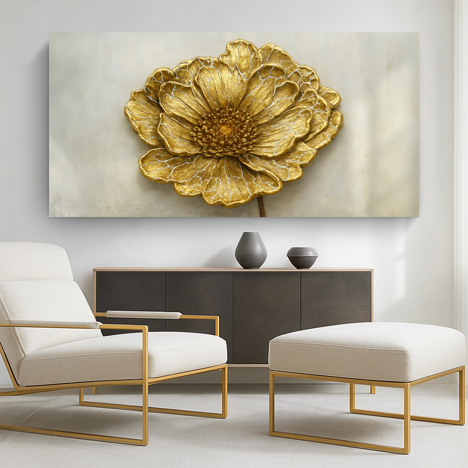 Canvas wall art Golden Dandelion Minimalist Abstract by Tailored Canvases, gold flower on neutral background on Tampa Home & Garden Store