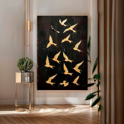 Abstract Flying Swallow Wall Art Canvas by Tailored Canvases, black background with gilded swallow motifs on Tampa Home & Garden Store
