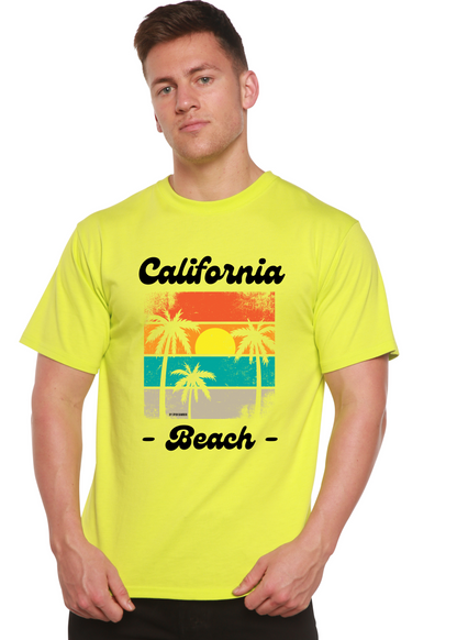 California Beach unisex graphic T-shirt Spun Bamboo neon yellow palm sunset design on Tampa Home & Garden Store