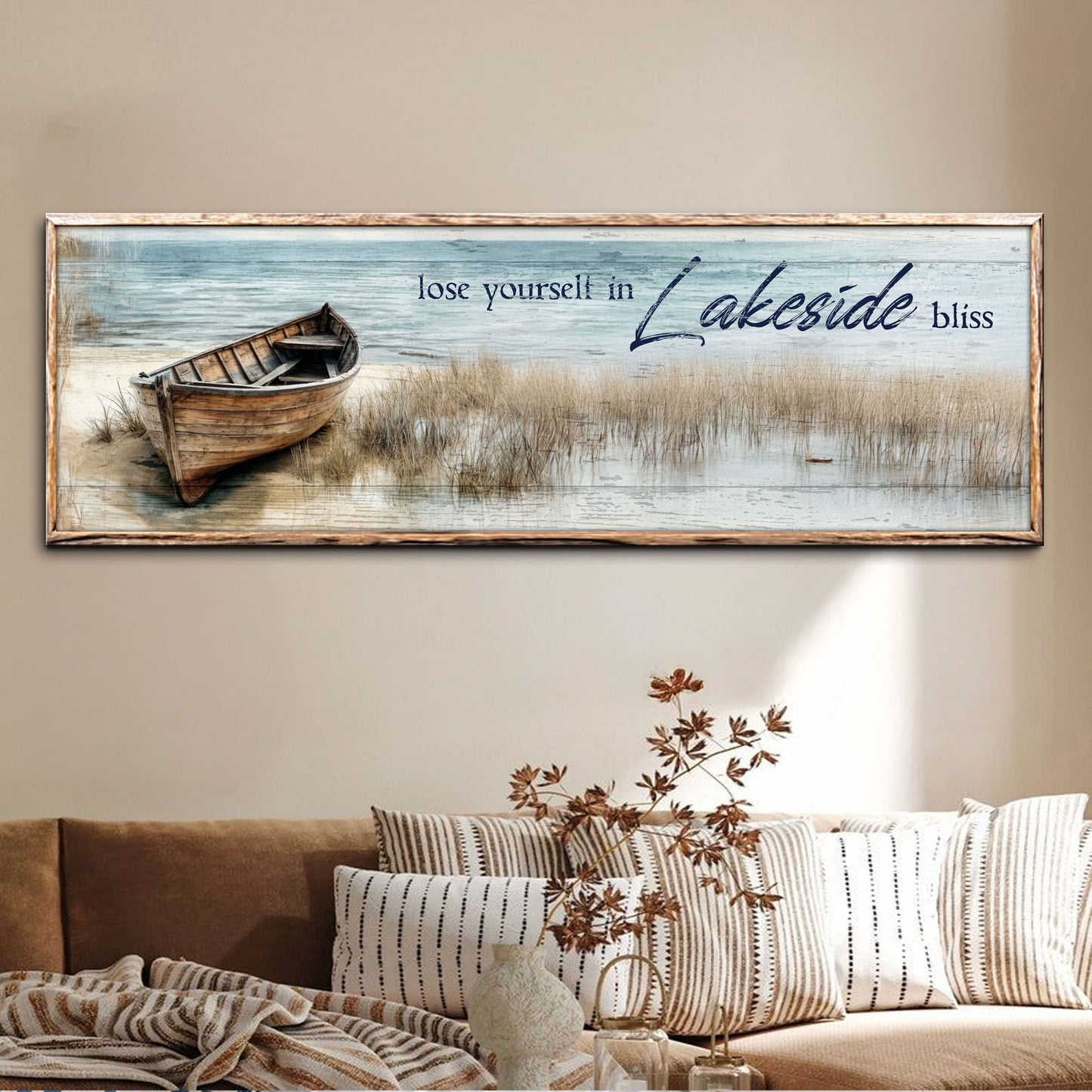 Canvas Lose Yourself in Lakeside Bliss Lake House Coastal Sign II weathered blue wooden boat on Tampa Home & Garden Store