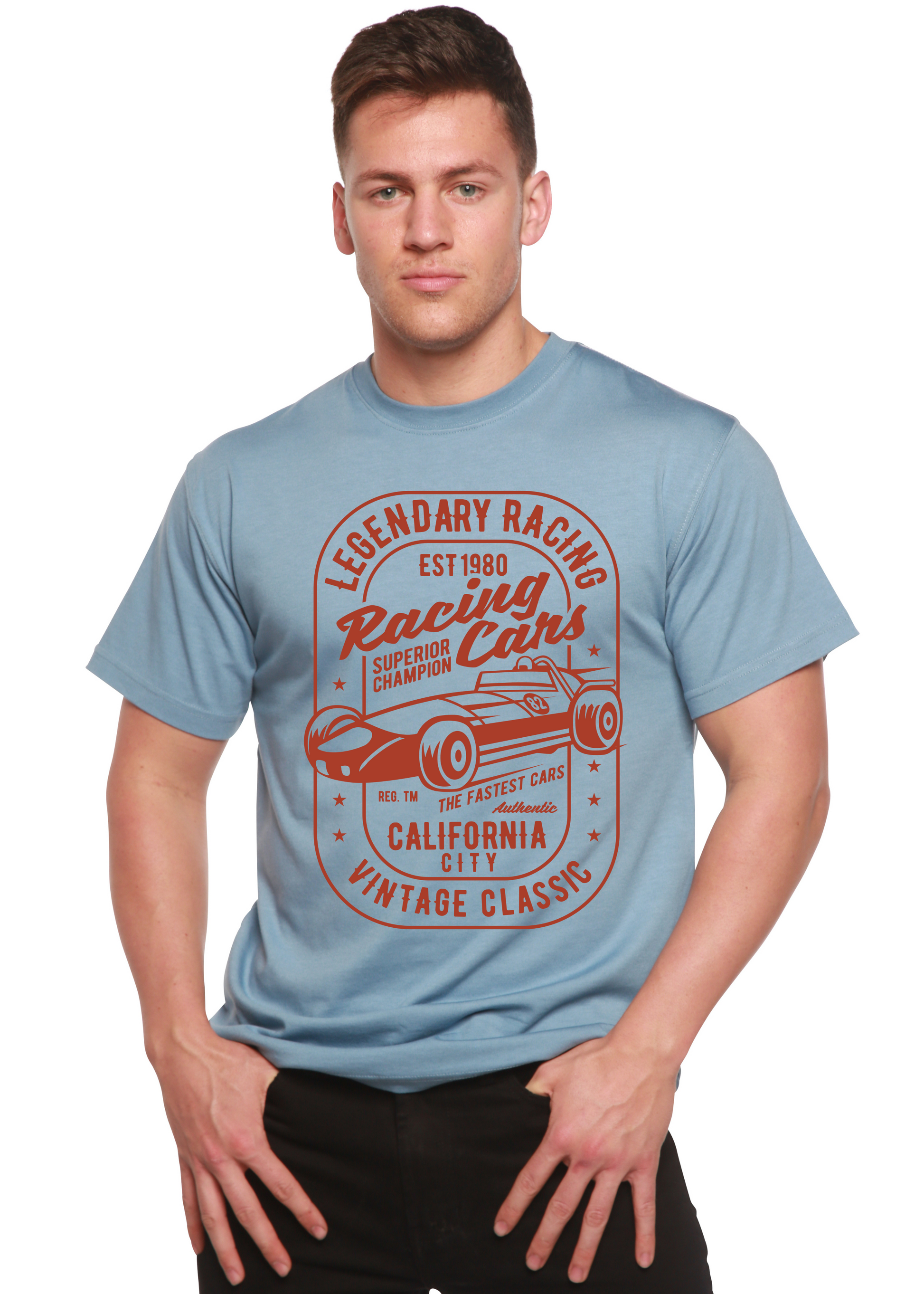 Men's Spun Bamboo viscose/organic cotton graphic T-shirt with red racing car print on light blue on Tampa Home & Garden Store