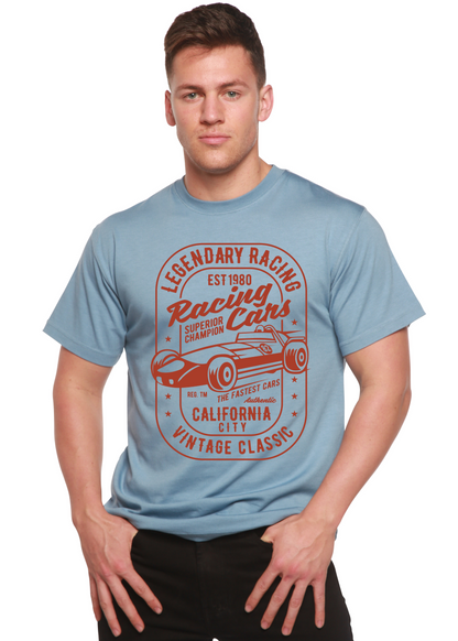Men's Spun Bamboo viscose/organic cotton graphic T-shirt with red racing car print on light blue on Tampa Home & Garden Store