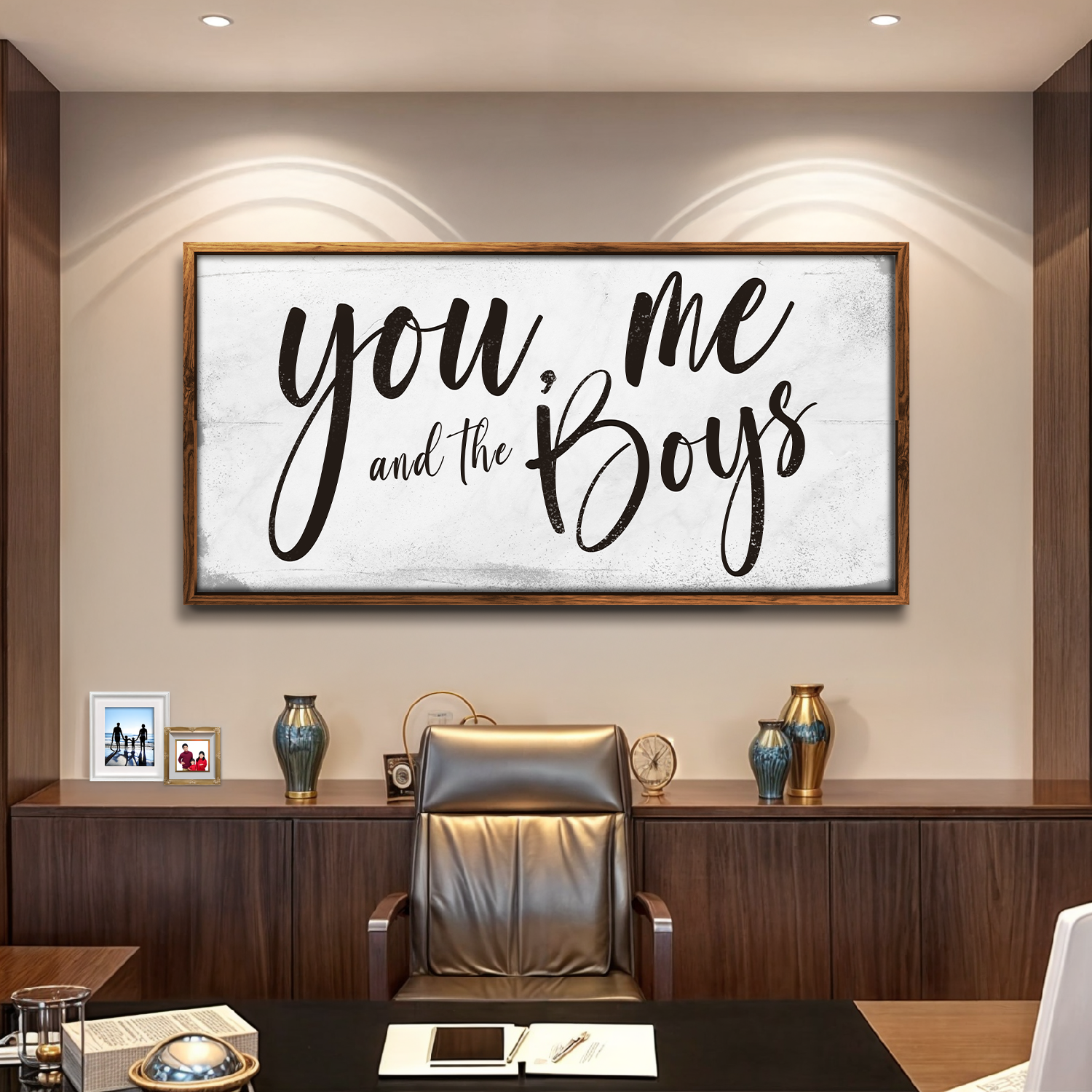 You Me and the Boys Farmhouse Bedroom Sign III canvas in a wooden frame by Tailored Canvases on Tampa Home & Garden Store