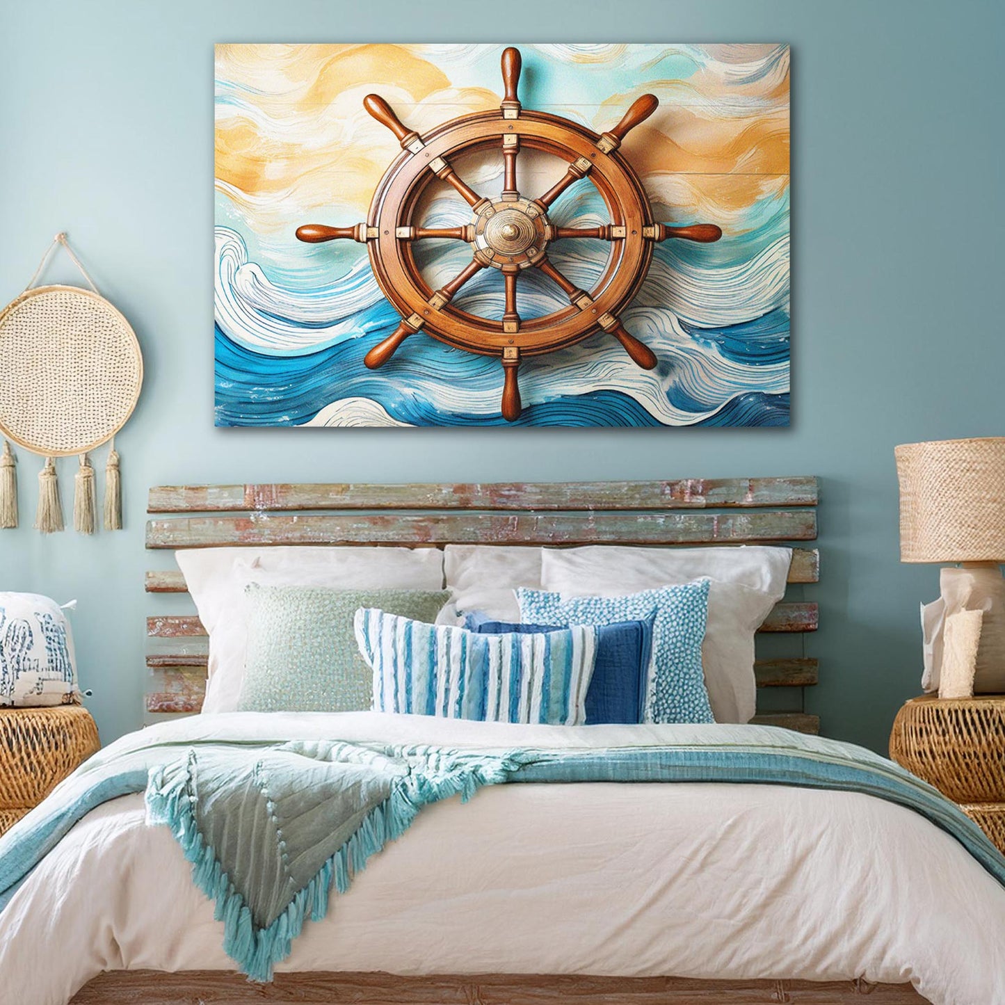 Sailboat Ship Wheel Wall Art II canvas with brown wheel over blue waves Tailored Canvases on Tampa Home & Garden Store