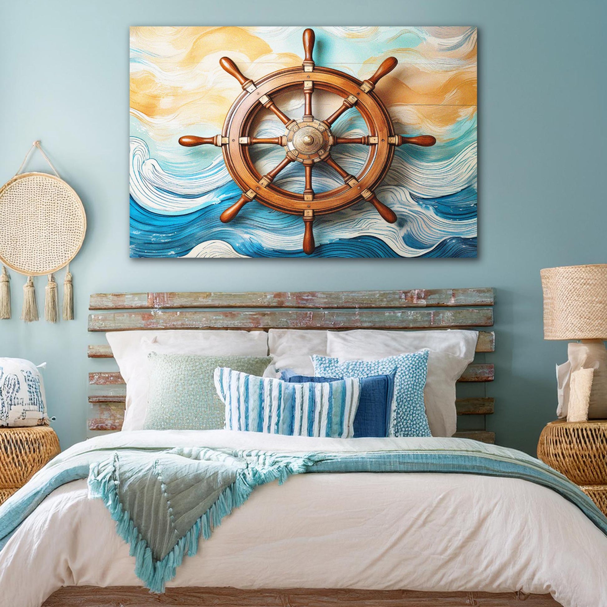 Sailboat Ship Wheel Wall Art II canvas with brown wheel over blue waves Tailored Canvases on Tampa Home & Garden Store