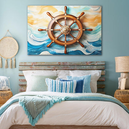 Sailboat Ship Wheel Wall Art II canvas with brown wheel over blue waves Tailored Canvases on Tampa Home & Garden Store