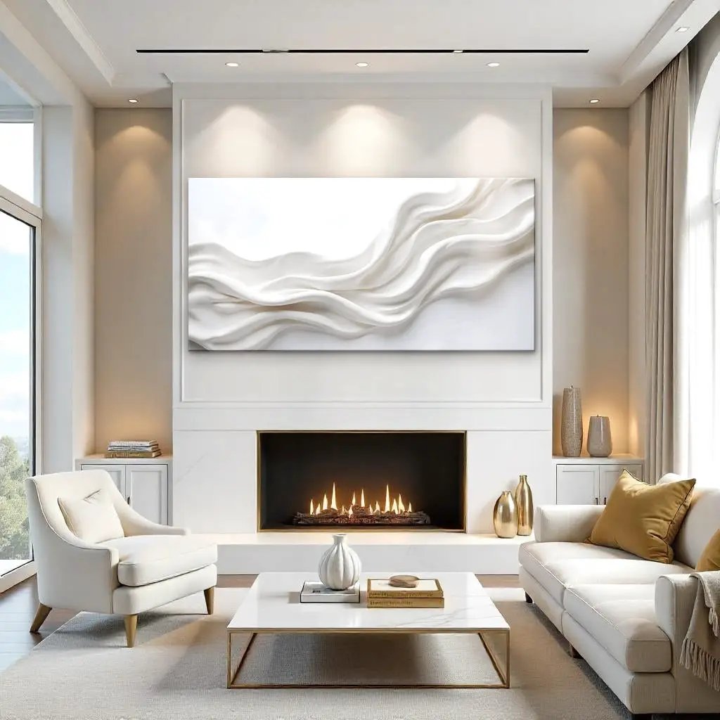 Wind Whispers Wall Art white abstract waves above a modern fireplace in a living room on Tampa Home & Garden Store