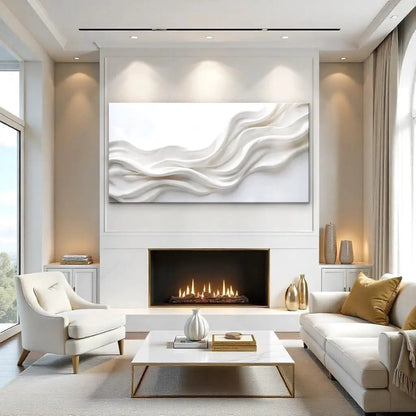 Wind Whispers Wall Art white abstract waves above a modern fireplace in a living room on Tampa Home & Garden Store