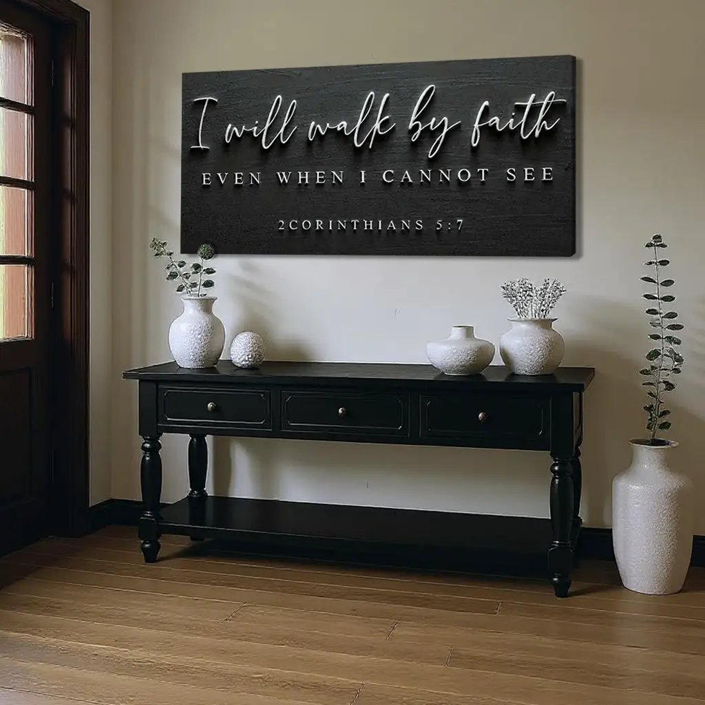 I Will Walk By Faith III canvas wall art Tailored Canvases black backdrop with white script on Tampa Home & Garden Store