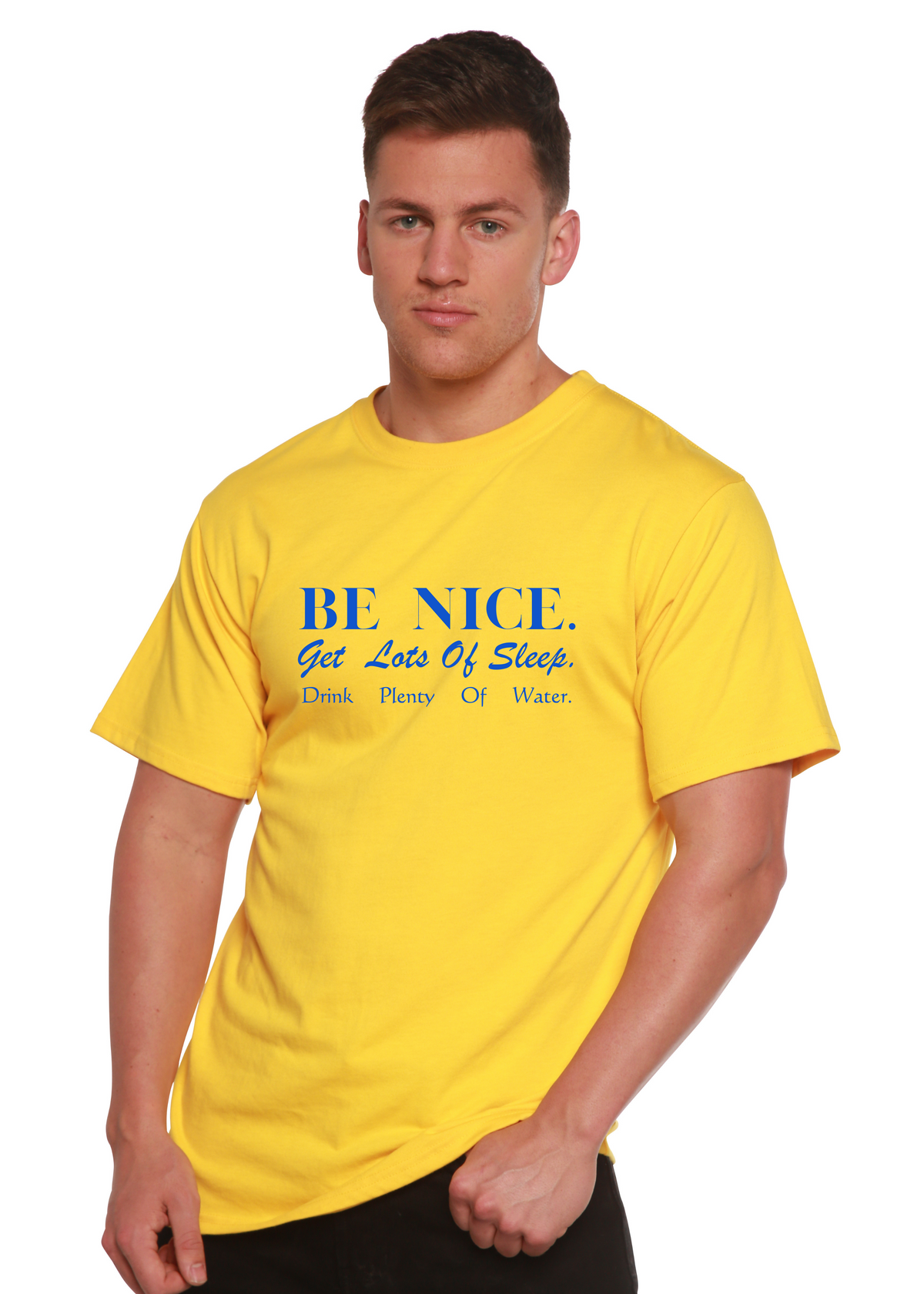 Be Nice men's yellow bamboo viscose/organic cotton T-shirt by Spun Bamboo with blue print on Tampa Home & Garden Store