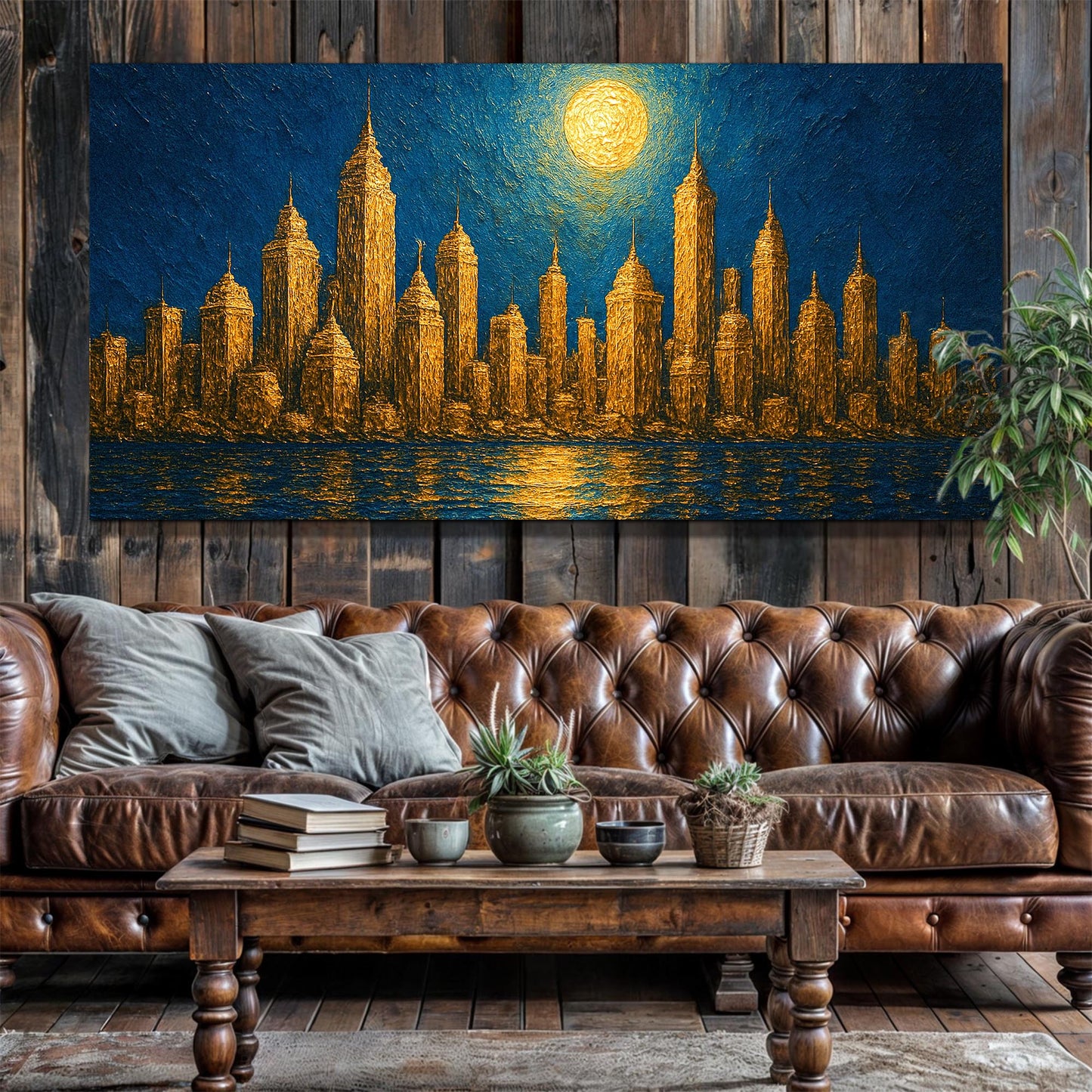 Golden Metropolis Cityscape Impasto Canvas by Tailored Canvases; gilded skyline on blue night on Tampa Home & Garden Store